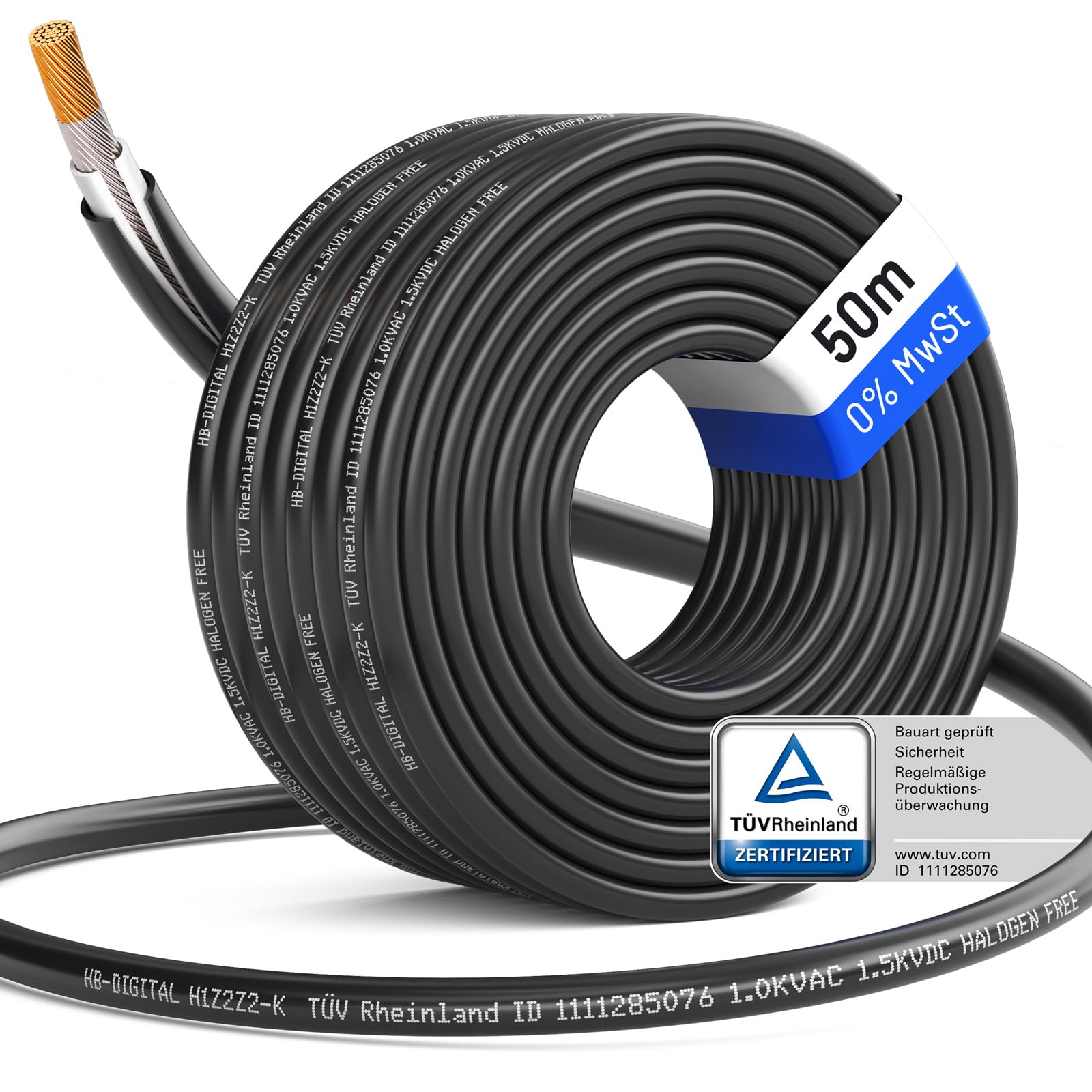 HB-DIGITAL 50m Solarkabel 4mm² H1Z2Z2-K inkl. 0% MwSt. gem. § 12 Abs. 3 UStG - TÜV Rheinland zertifiziertes flexibel UV PV Kabel reines Kupfer 1500V DC für Solarpanel - Schwarz