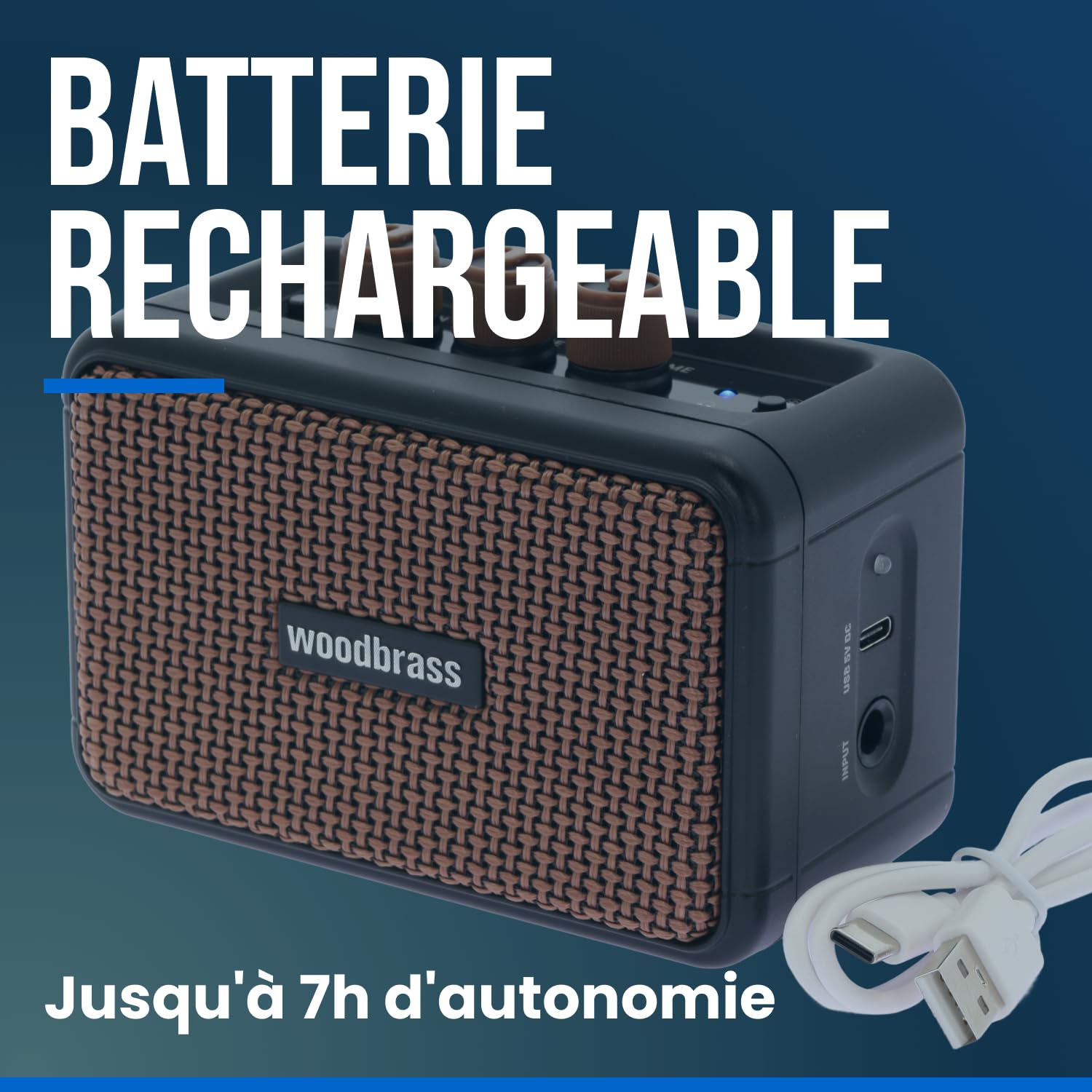 Woodbrass GE5 - Enceinte connectée/Ampli Guitare Électrique 5W Compact et Rechargeable - Clean/Overdrive, Sortie Casque, Enceinte Connectée sans Fil, Format Nomade, 7h d’Autonomie - Blanc/Noir
