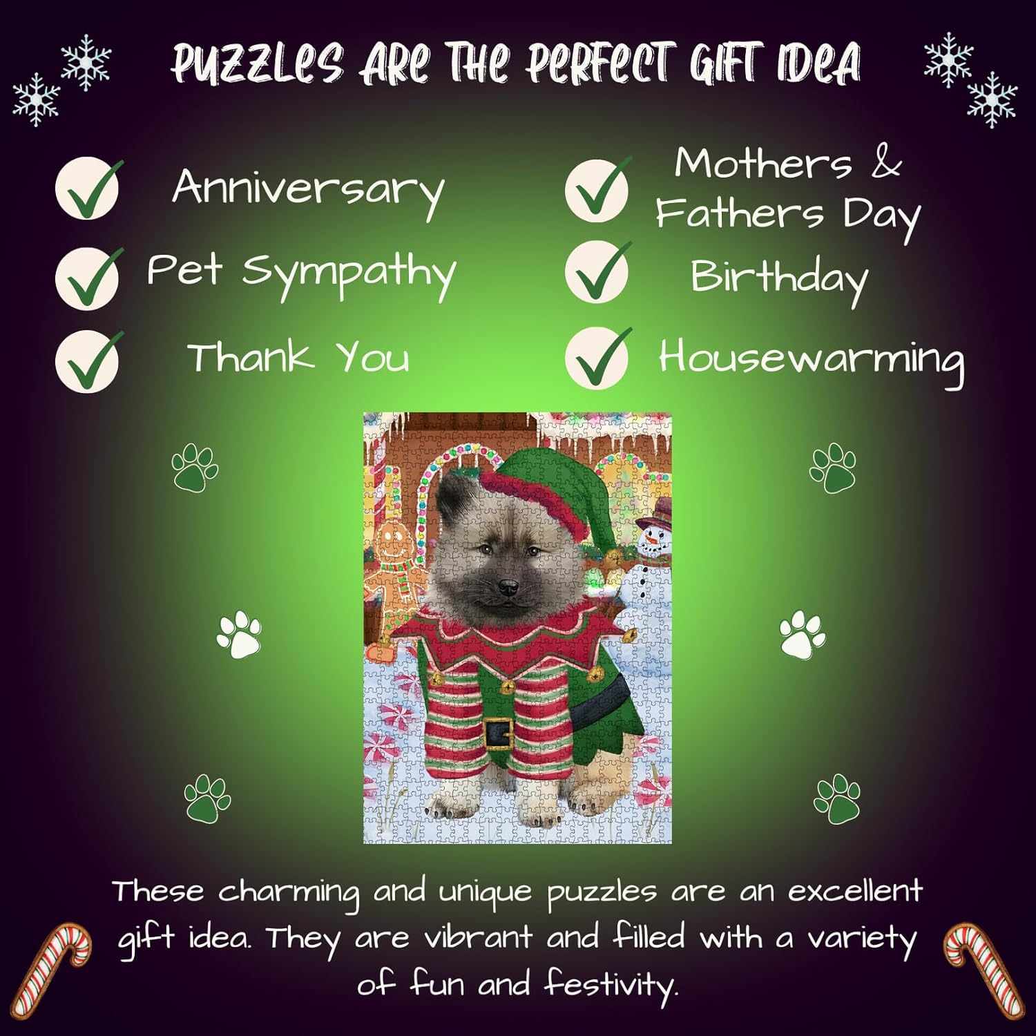 Christmas Gingerbread Elf Keeshond Dog Jigsaw Puzzle for Adults - Animal Printed Interlocking Puzzle Game Artwork - Gift for Dog Lover's - 300 Pcs 14"x20"
