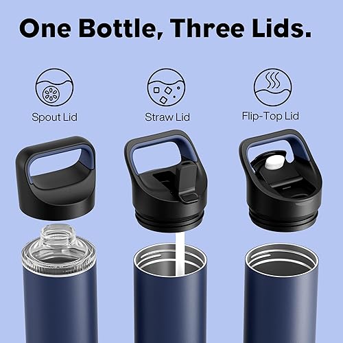 Miniatura 2 de Botella de agua aislada de 24 onzas para gimnasio 3 tapas, a prueba de fugas, mantiene el frío 24 horas, apto para portavasos de automóvil, botella