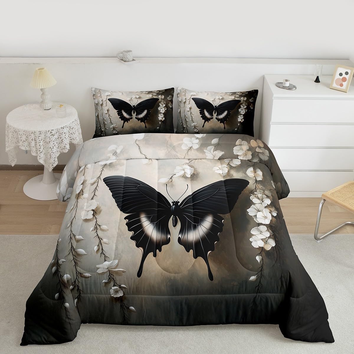 Feelyou Girls Black Butterfly Comforter Set Full Size Butterfly Floral Bedding Set for Kids Boys Modern Chic Abstract Art Duvet Quilt Bedroom Decor 3 Pcs with 2 Pillow Cases