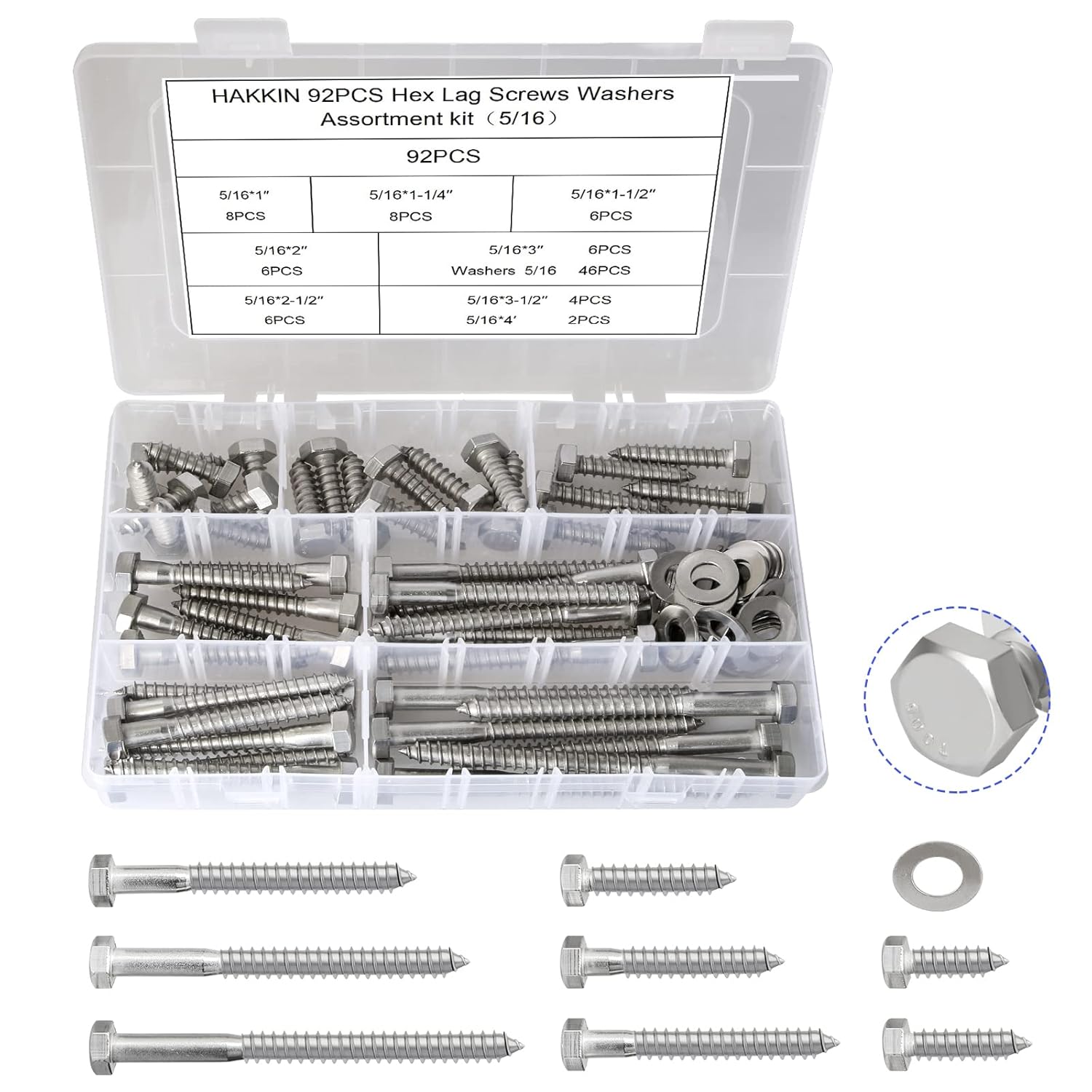 5/16" Hex Lag Bolts Screws Washer Assortment Kit 1" 1-1/4" 1-1/2" 2" 2-1/2" 3" 3-1/2" 4",92Pcs Stainless Steel Lag Screws,Heavy Duty Hexagon Head Lag Bolt Wood Screws Washer Kit by Hakkin