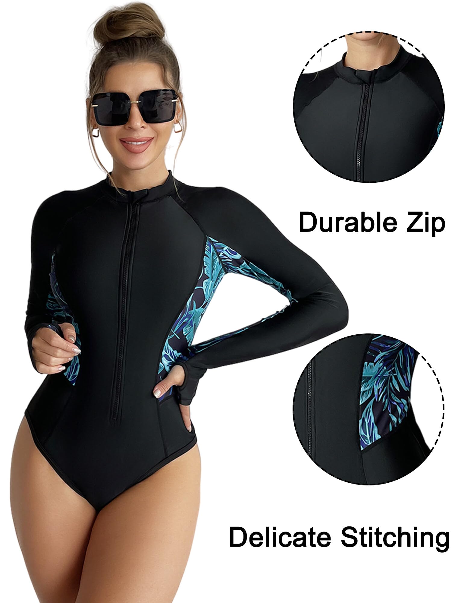 SEAUR Rashguards Une Pièce pour Femme Maillot de Bain Surf Manches Longues Sexy Dame Rash Guard Imprimé Florale Anti-UV Plage Natation S-2XL