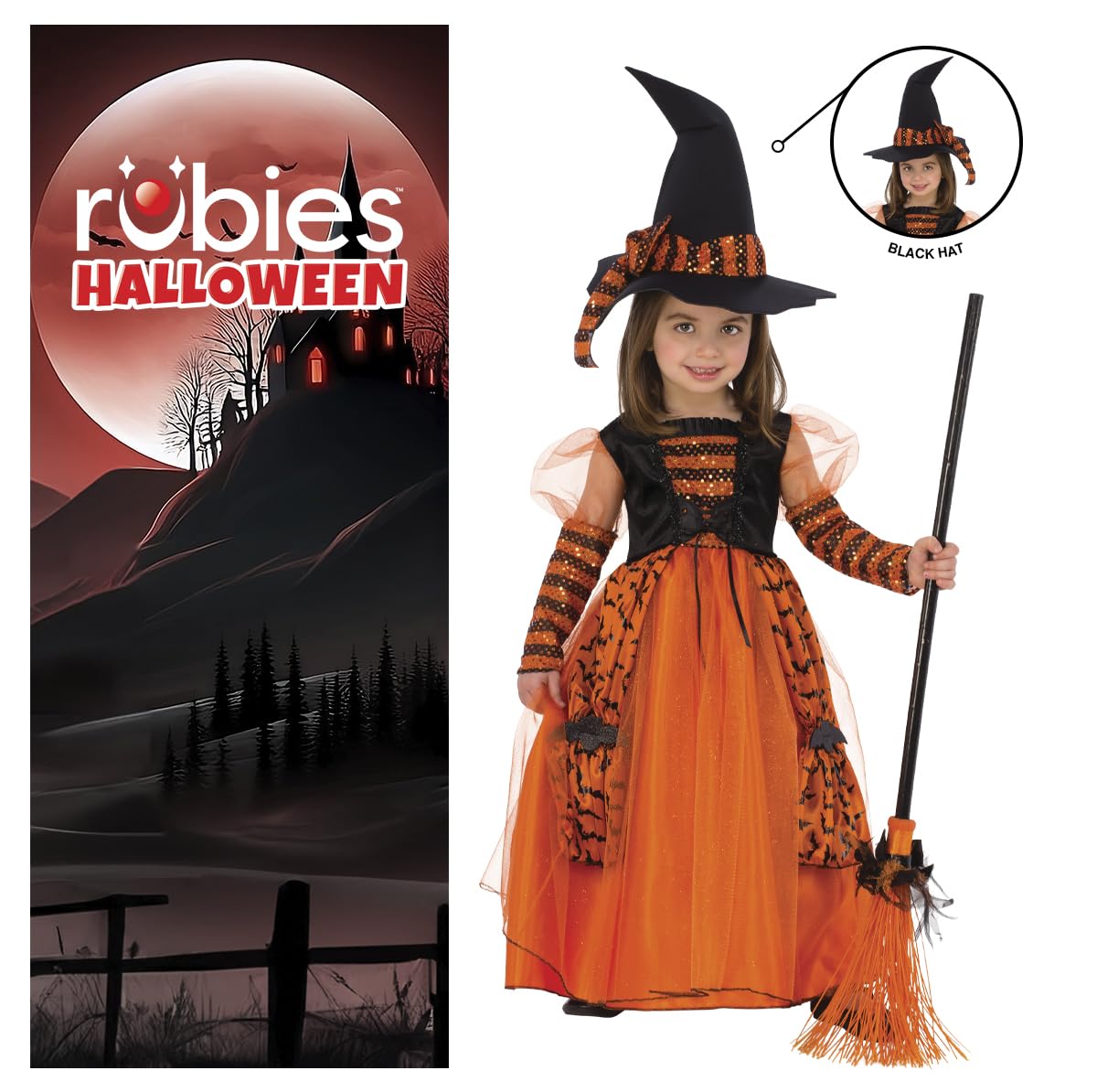 Rubies Costume da strega brillante per bambina, arancione, con dettagli in glitter e cappello con dettagli in paillettes