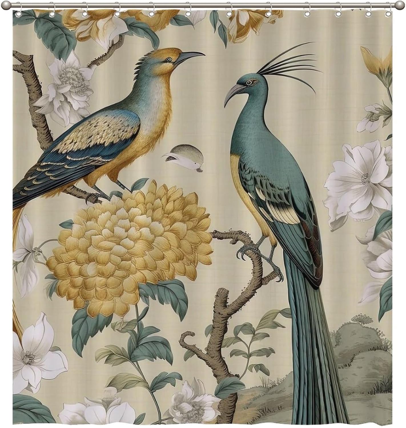 Shower Curtain Yellow Flower Peony Peacock Polyester Bathroom Bathtub Curtain Yellow Grey Chinoiserie Bird Bath Curtain Asian Scenic Waterproof Shower Curtain with Hooks 72x80inch