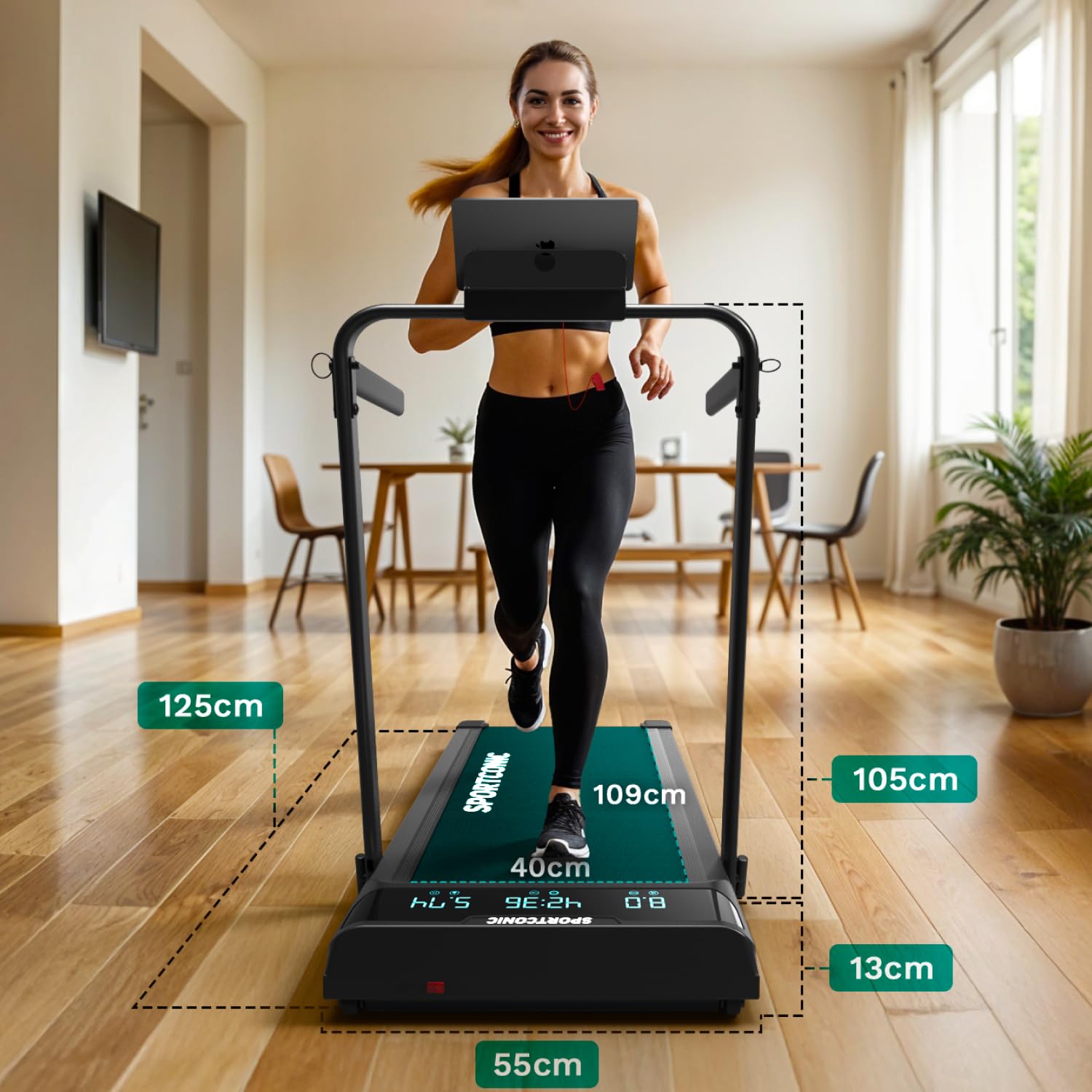 Sportconic Bieżnia do Domu z Nachyleniem, Walking Pad, Kompaktowa i Cicha Bieżnia, Bieżnia pod Biurko do Chodzenia i Biegania