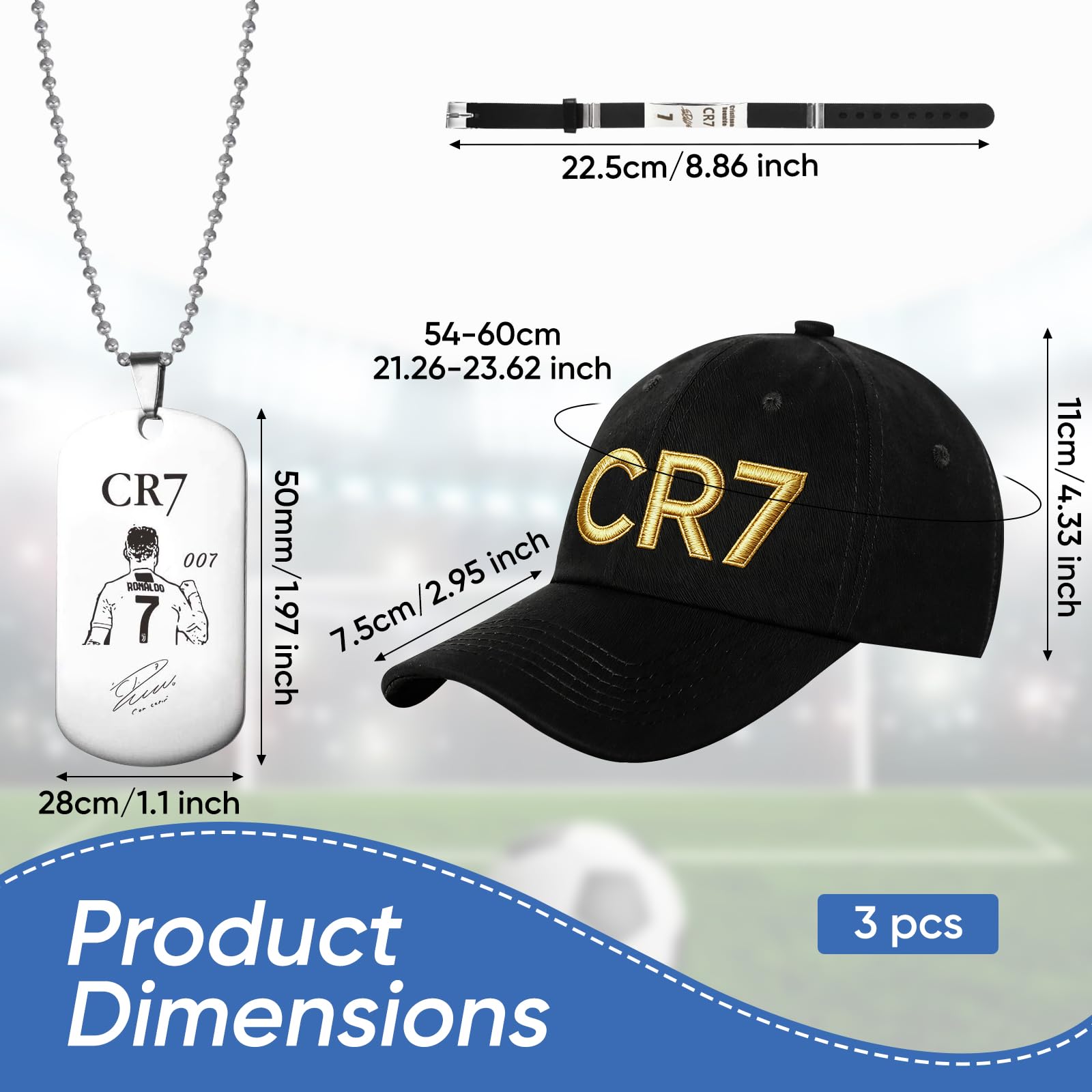 CR 7 Cappellino Bambino Uomo Nero con Emblema 3D Oro Regolabile + Bracciale C R 7 + Collana C R 7 - Set di fan di calcio per ragazzi, fan di Cristiano Ronaldoo