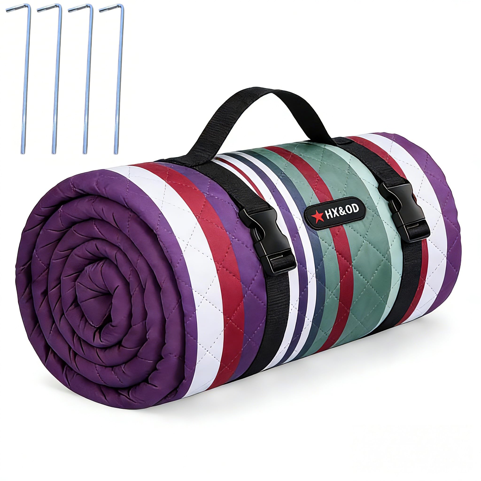 HX&OD Outdoor Picnic Blanket Extra Large, 80''*80'' Waterproof Picnic Mat with Stakes Foldable Camping Blanket Portable with Carry Strap for Beach Mat