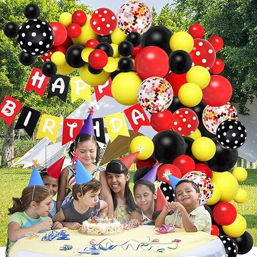 Miniatura 4 de Kit de arco de guirnalda de globos de ratón de dibujos animados, globos de confeti rojo, negro y amarillo para temática de ratón de dibujos