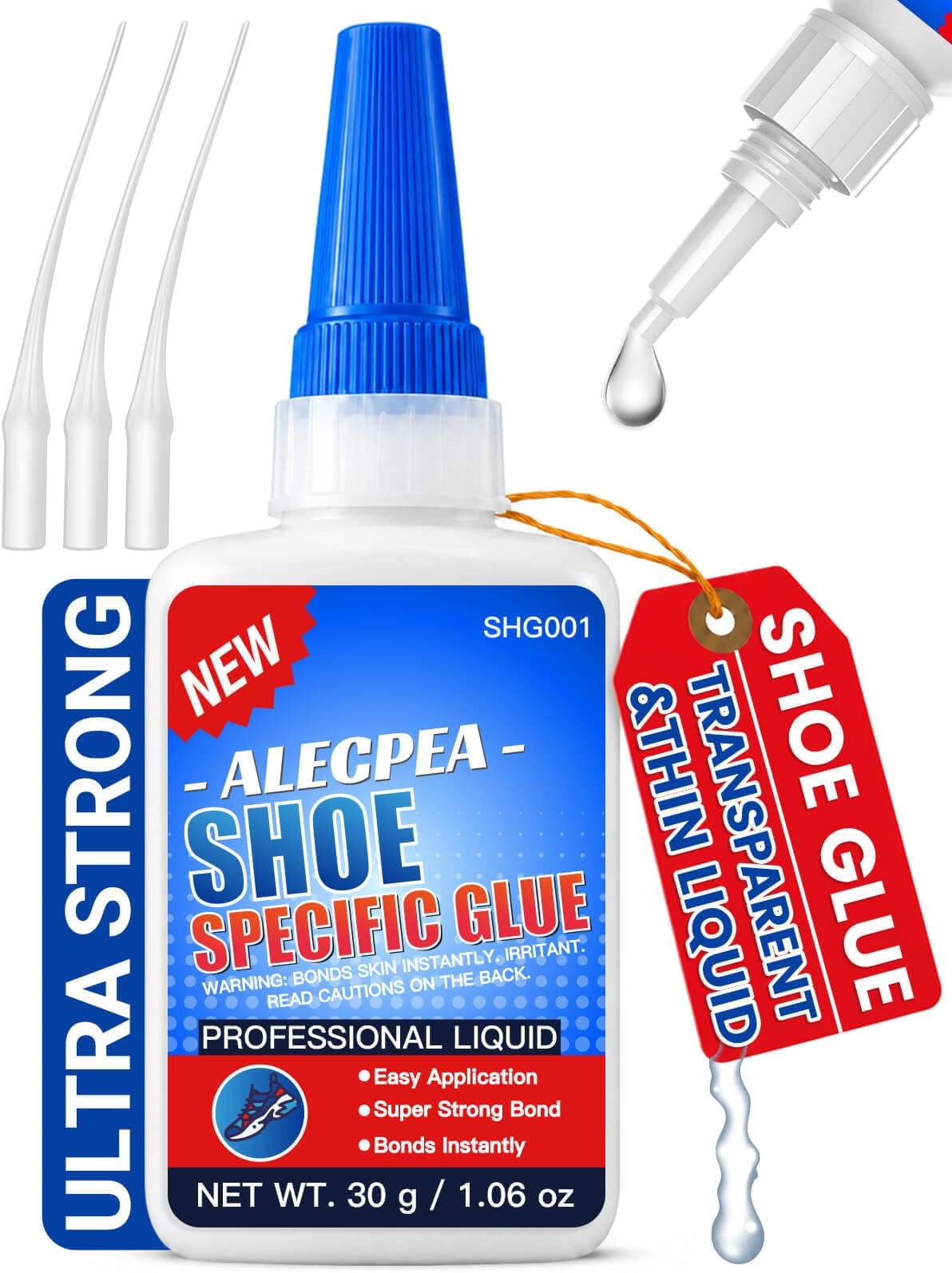 ALECPEA 30g Shoe Glue - Flexible Instant Adhesive for Sole Repair & Restoration - Waterproof Heavy Duty Sneaker Glue for Boots, Heels, Hiking Shoes, Leather & Rubber - Sets in 15 Seconds