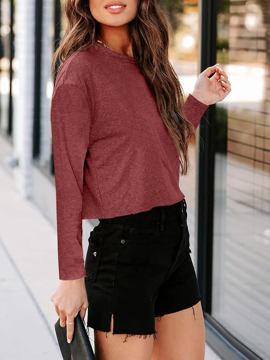 Tankaneo Women Long Sleeve Crop Tops Loose Crew Neck Cropped T-Shirts Drop Shoulder Casual Basic Tees L-Blue - Image 2