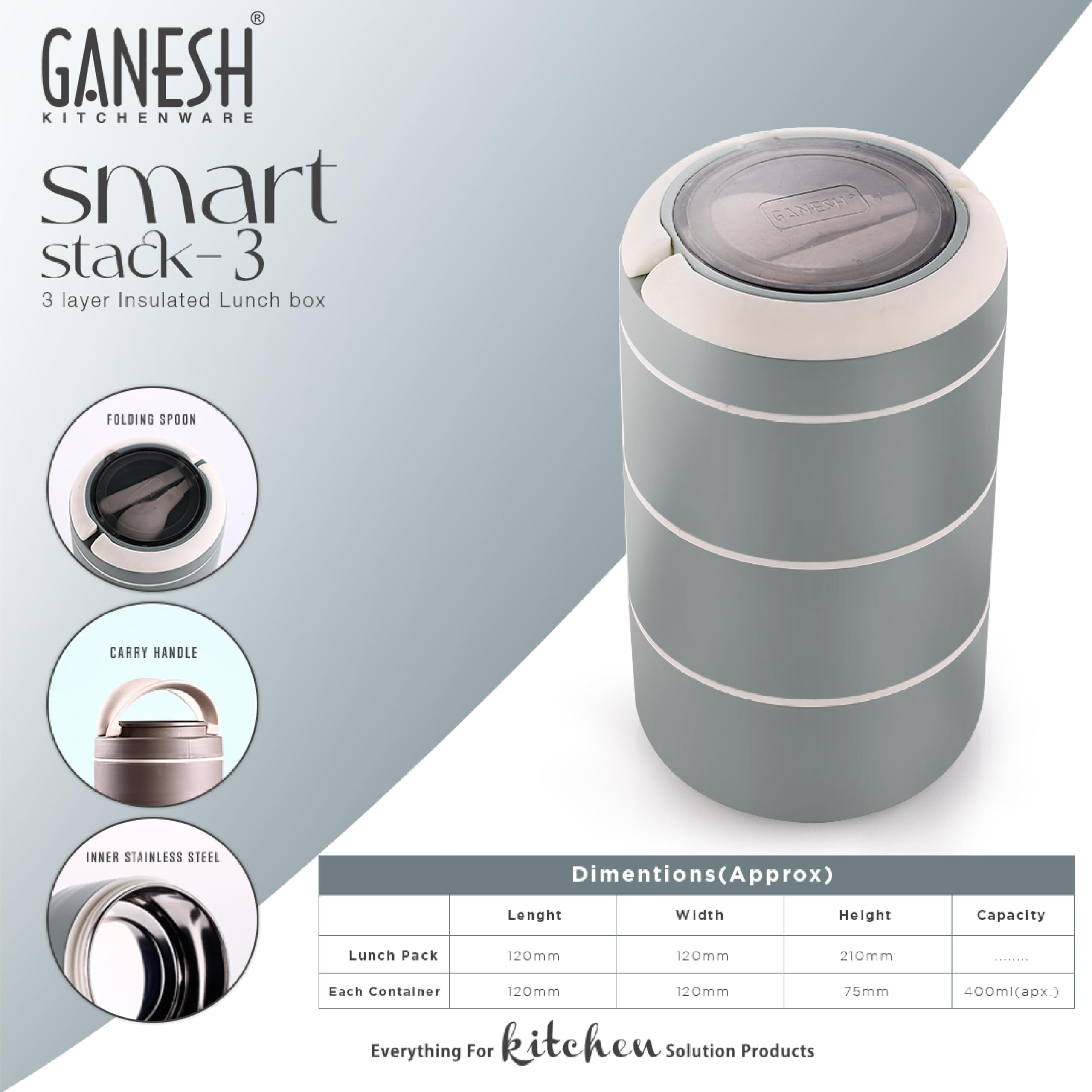 Ganesh Smart Stack 3 Layer Protable Lunch Box Stainless Steel Airtight Leak-Proof Lunch Box for Office, School, Picnic -Brown, 1200 Milliliters — Amazon image 3