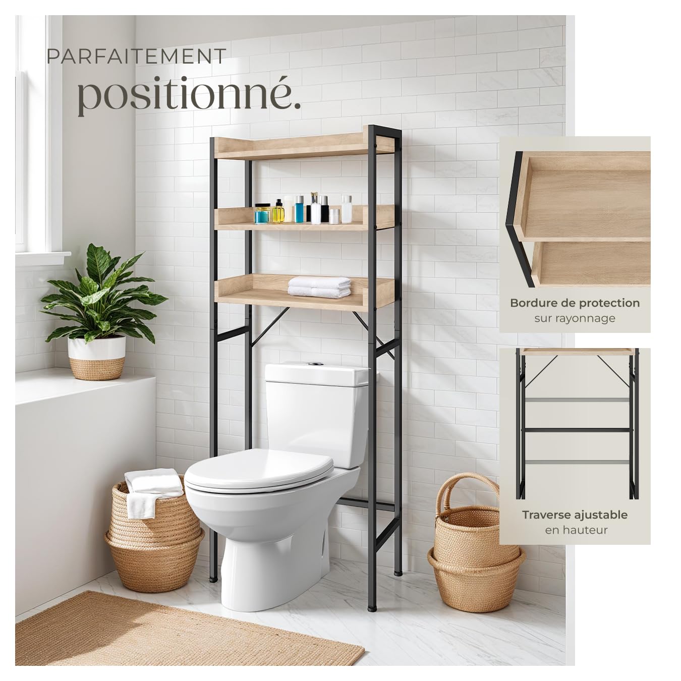 tectake® Étagère de Salle de Bain Meuble Salle de Bain en Bois et Acier 3 Niveaux 63 x 25 x 165 cm Meuble Industriel Meuble de Rangement WC avec système Anti-basculement, Meuble de Salle de Bain