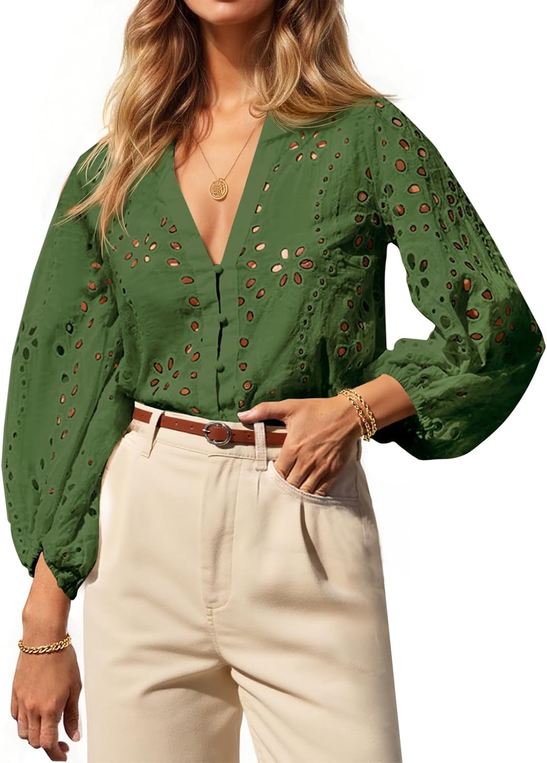 Tankaneo Womens Deep V Neck Eyelet Blouses 3/4 Balloon Sleeve Button Down Hollow Out Fall Shirts