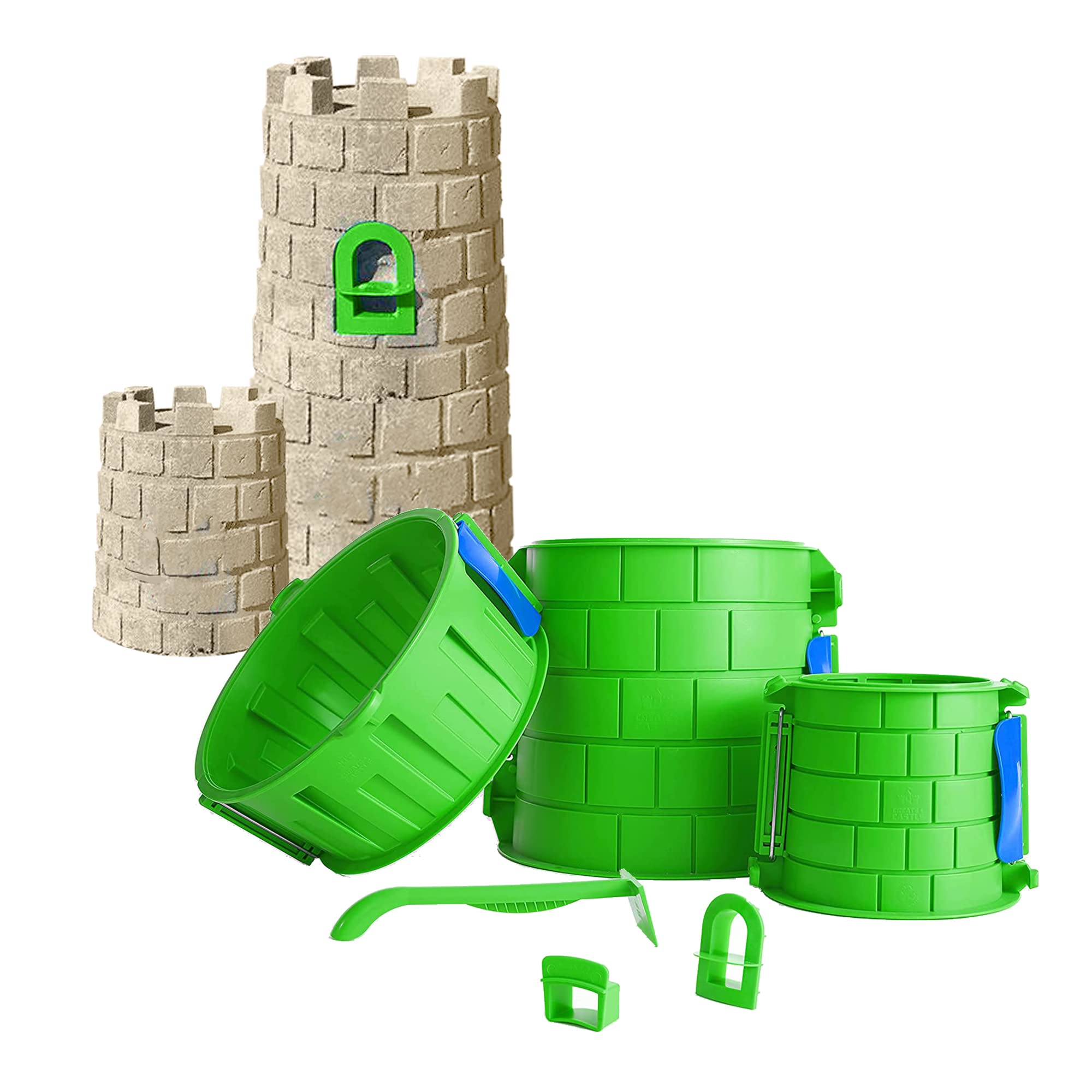 Create A Castle Sandcastle Kit as Seen on Shark Tank, 6 Piece Outdoor Beach Toy Set for Kids and Adults, Towers, Building Tools, Portable Mesh Storage Backpack - Pro Green
