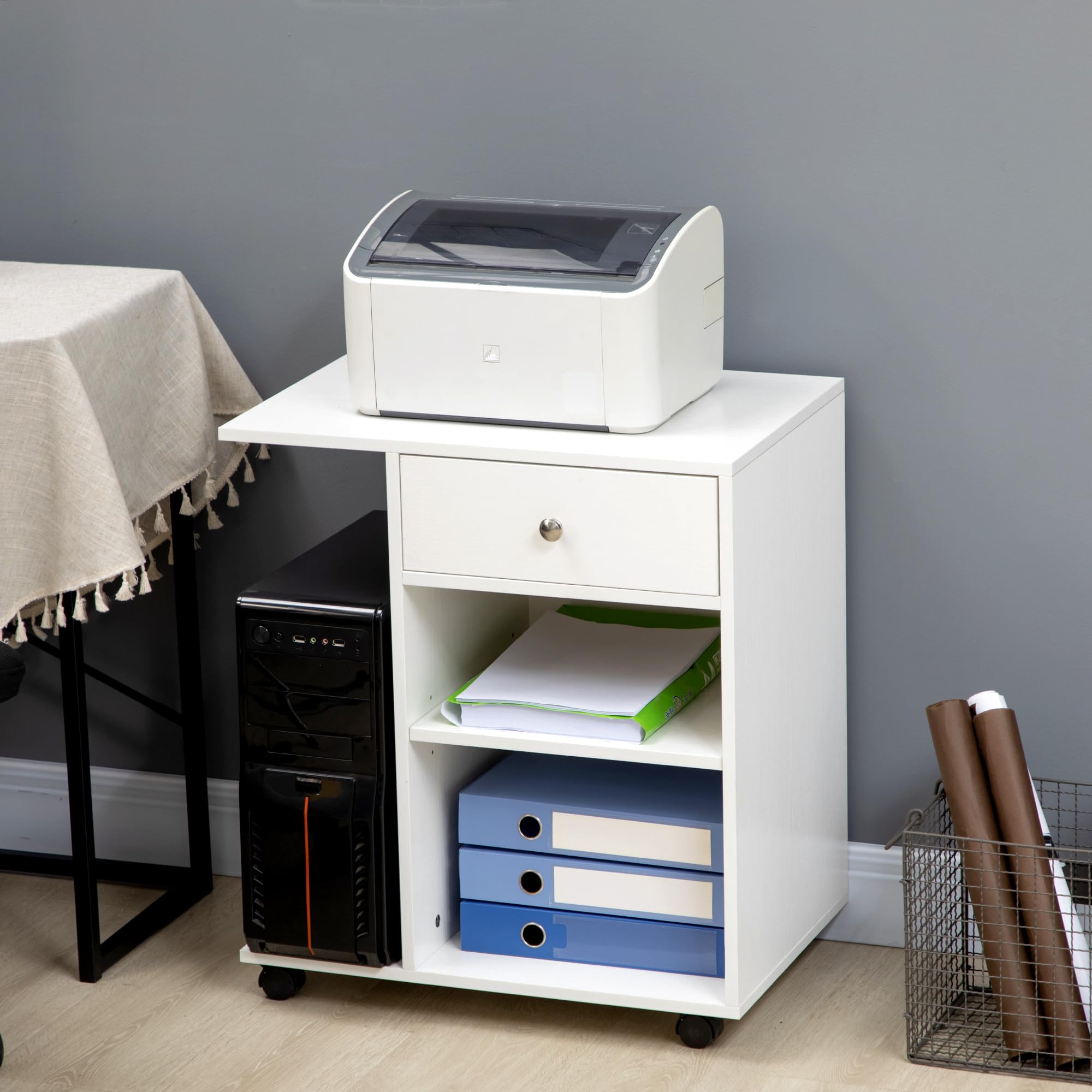 Vinsetto Armario para Impresora de Oficina Carro Multifuncional con Ruedas y Cajón 2 Compartimentos Estante Ajustable Soporte para CPU para Estudio 60x40x68,5 cm Blanco Veteado Madera