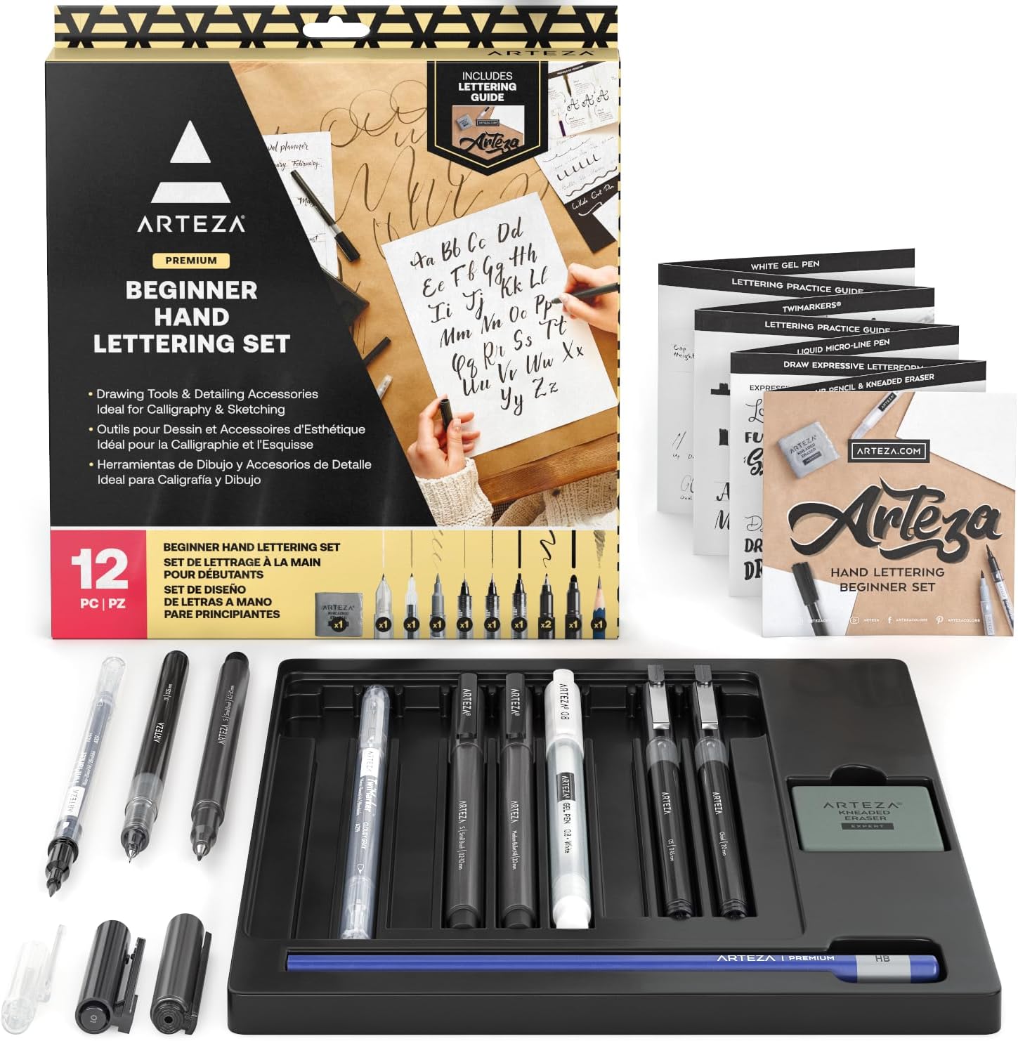 ARTEZA Hand Lettering Pens Set of 12 โ Calligraphy and Brush Pens with Guidebook, Pencil, Eraser for Beginners Learning Hand Lettering and Decorative Writing