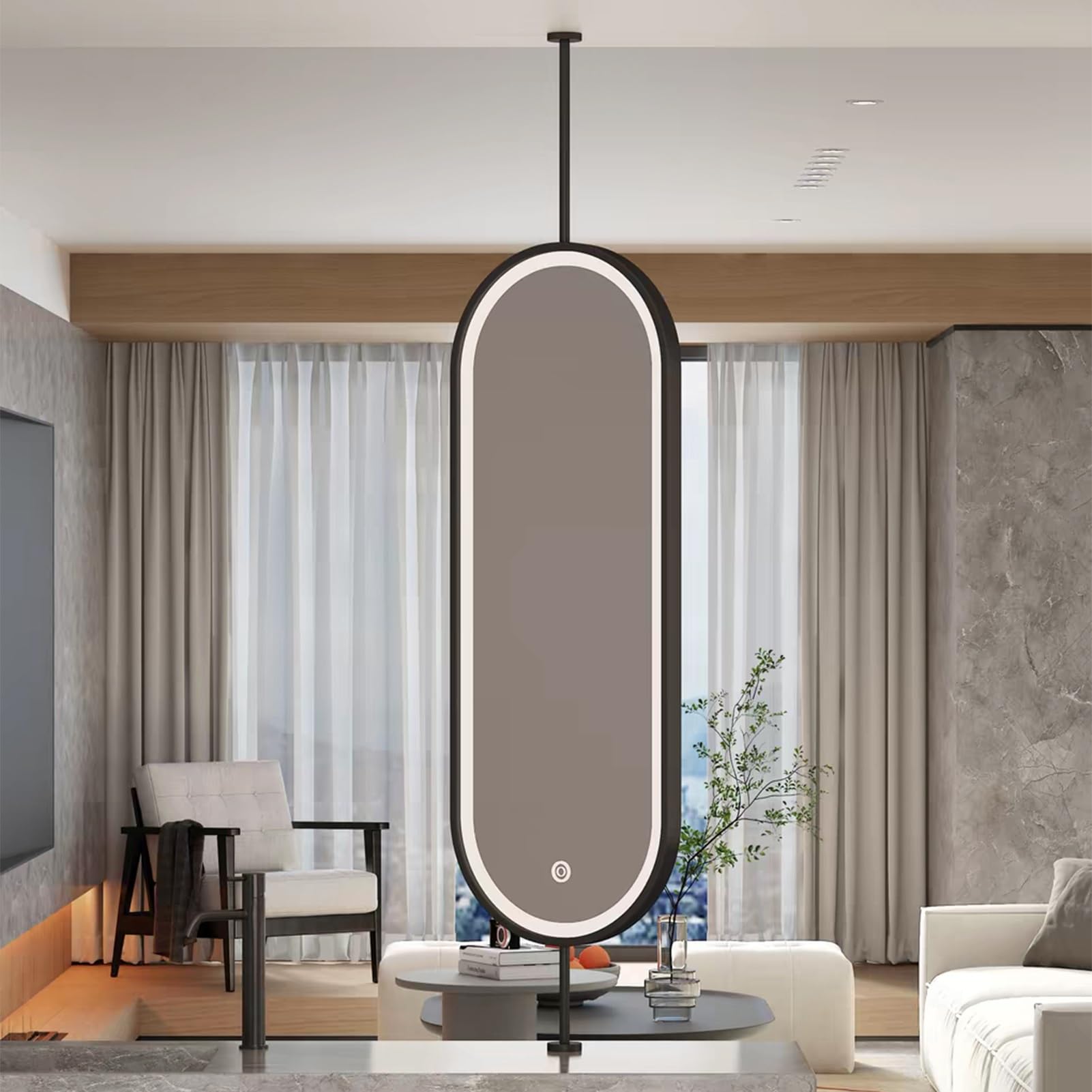 QICBYING 360° Rotation Oval Ceiling Double-Sided Mirror, Ceiling Hanging Bathroom Mirror With LED Lights, Metal Framed Makeup Mirrors, 3 Color Temperature Lighting, For Home And Hotel(Black,60x100cm)