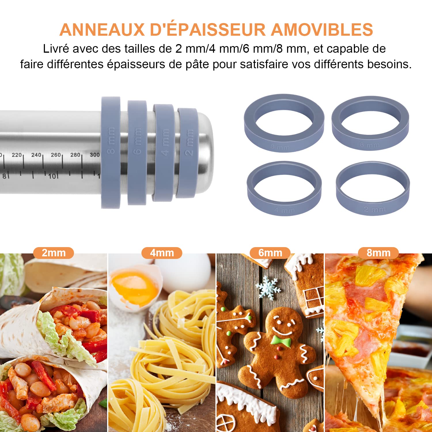 Rouleau à Pâtisserie Antidérapant en acier Inoxydable pour la Cuisson avec Tapis de Cuisson en Silicone et Grattoir, Anneaux D'épaisseur Réglables Amovibles, Accessoires de Cuisson