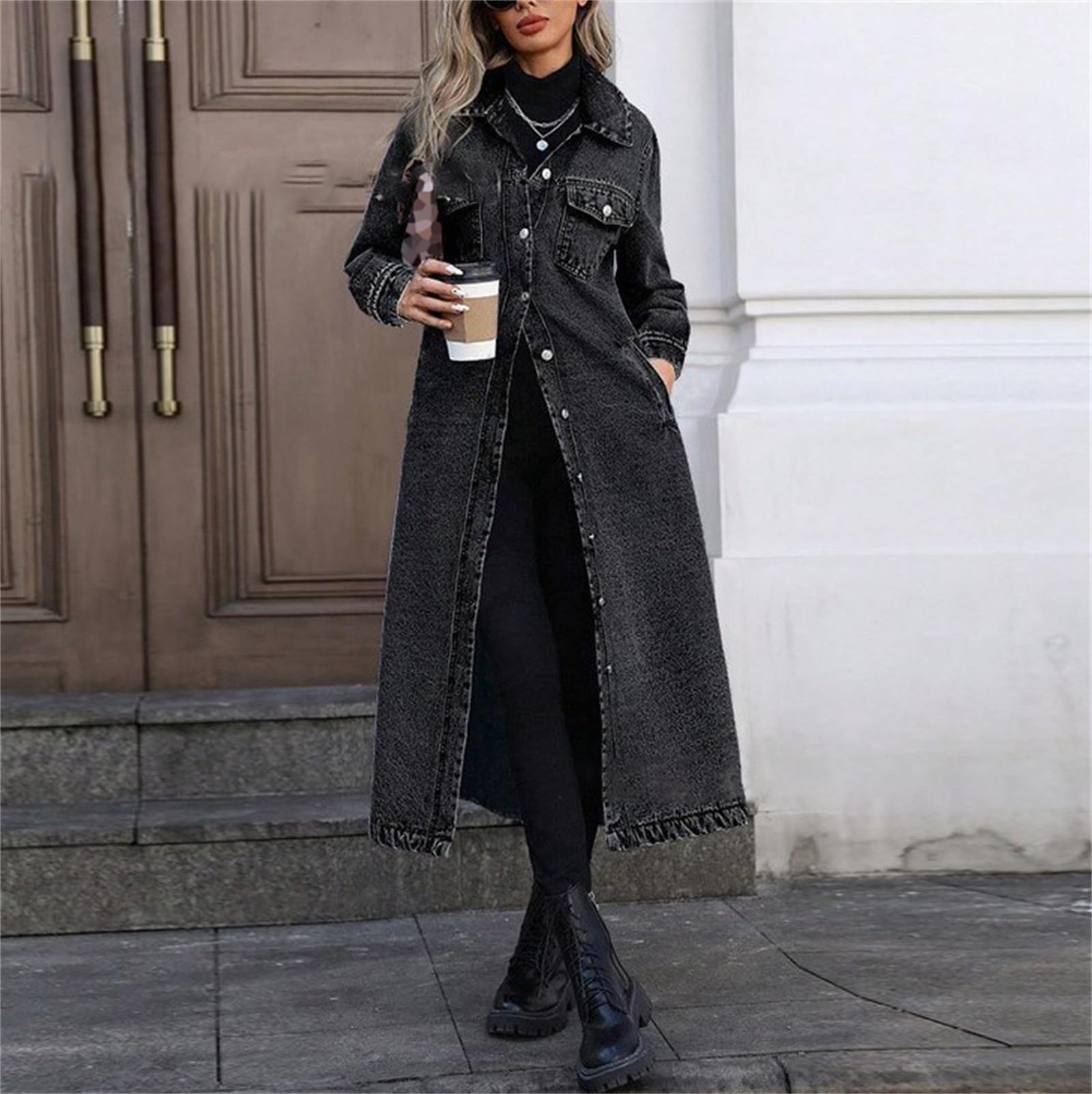 Trench Dżinsowy Długi Damski Klapa Guziki Kurtka Denim Luźna Oversize, Kolor: czarny, 5XL | Wiatroodporny dżins z praktycznymi kieszeniami bocznymi. Łatwe dopasowanie do innych ubrań. Com, idealny do pracy