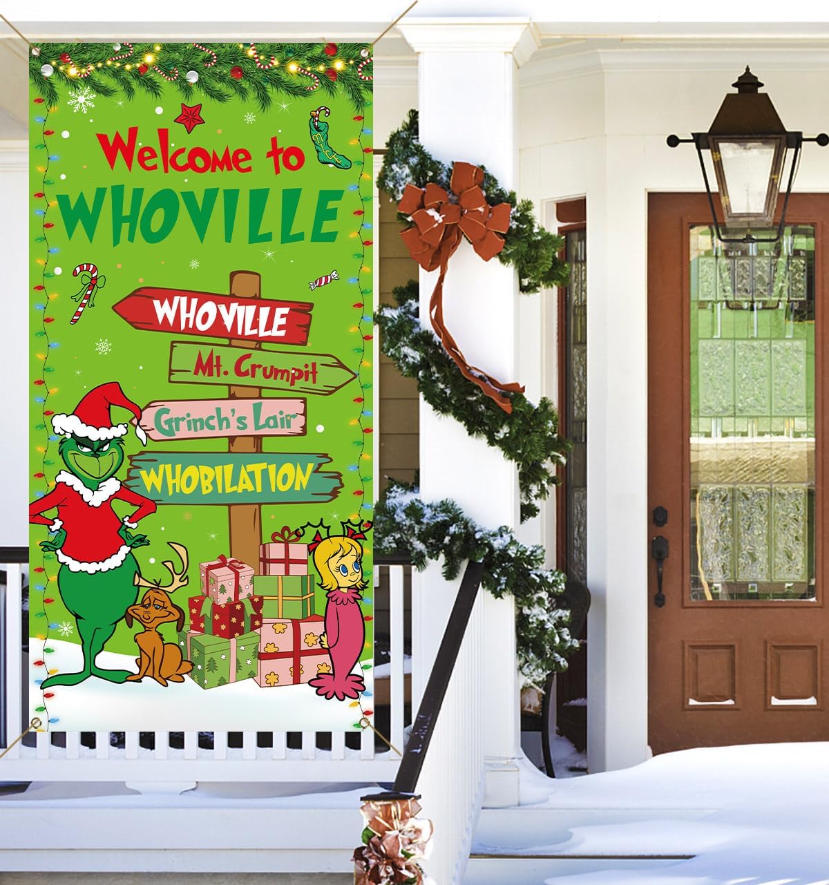 Sunwer Welcome Xmas Door Cover Green Elf Christmas Winter Holiday Party Decoration Front Porch Sign Backdrop Banner for Home Indoor Outdoor Decor image 5