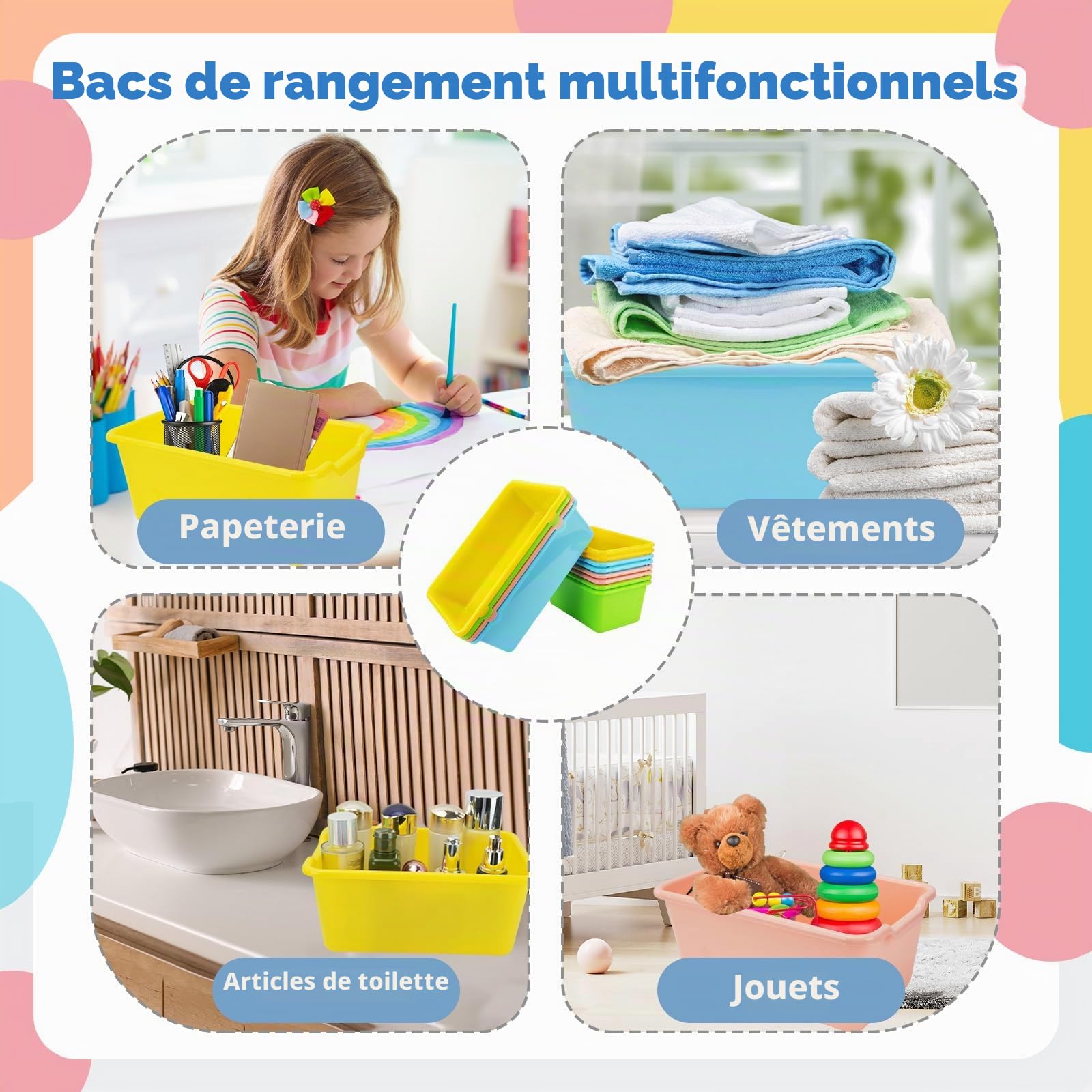 Lot de 12 boîtes de rangement en plastique empilables pour livres, 40 et 30 cm, multifonctions, pour salle de classe, bureau, maison, bibliothèque, chambre d'enfant (4 couleurs)