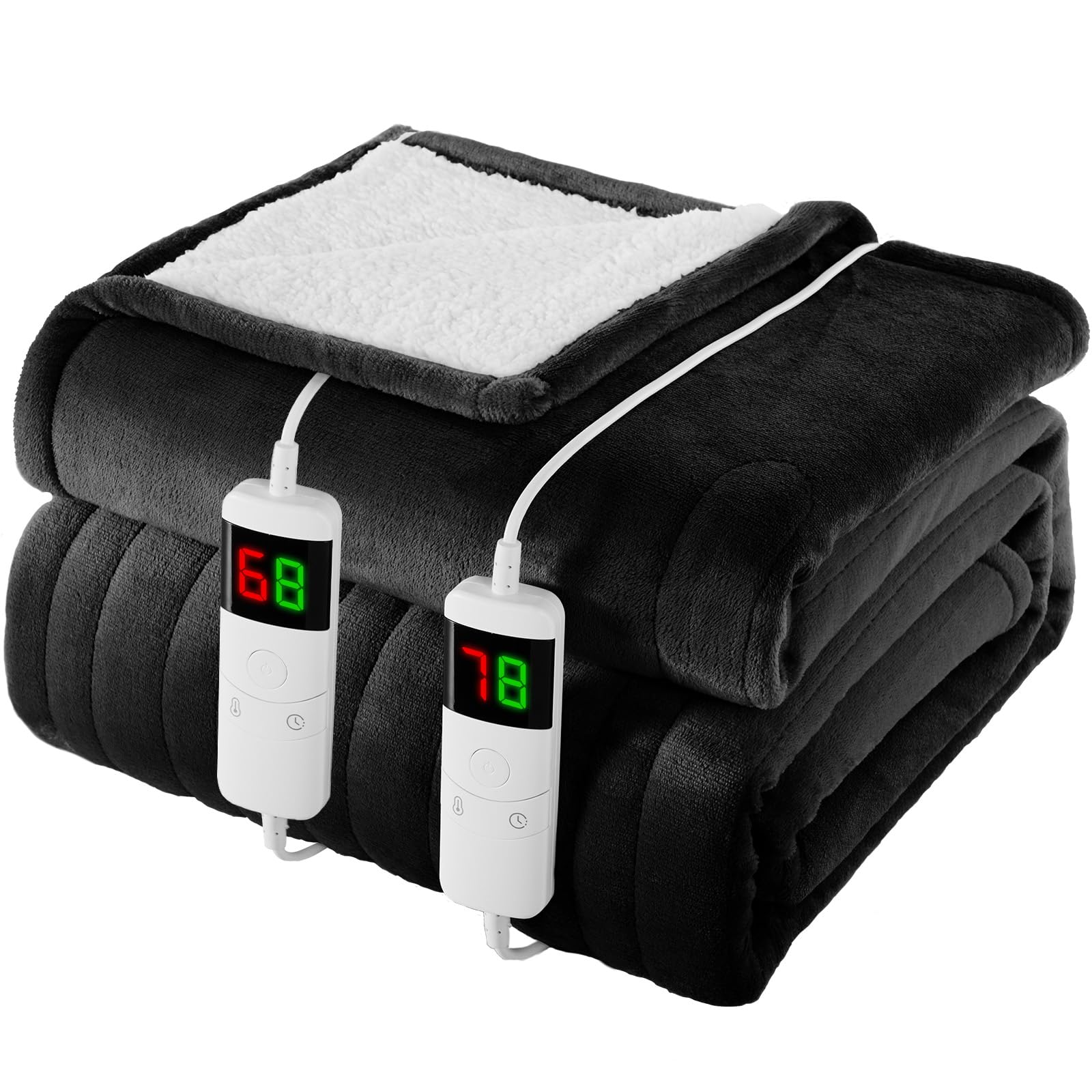 Homemate Heated Blanket Electric Throw - 180x200cm, 1/2/4/6/8 Hours Auto-Off 10 Heat Level Digital Control, Over-Heat Protection Flannel Sherpa Washable Blanket Black