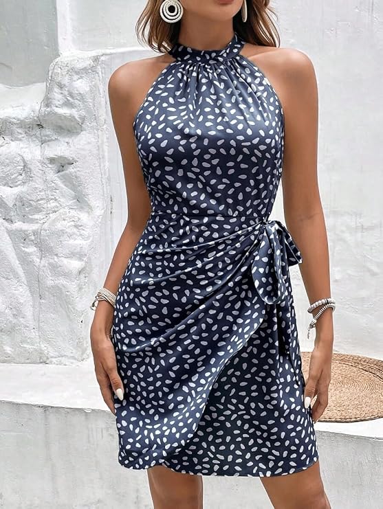 Dot Print Halter Neck Tie Waist Casual Zipper Back Sundress