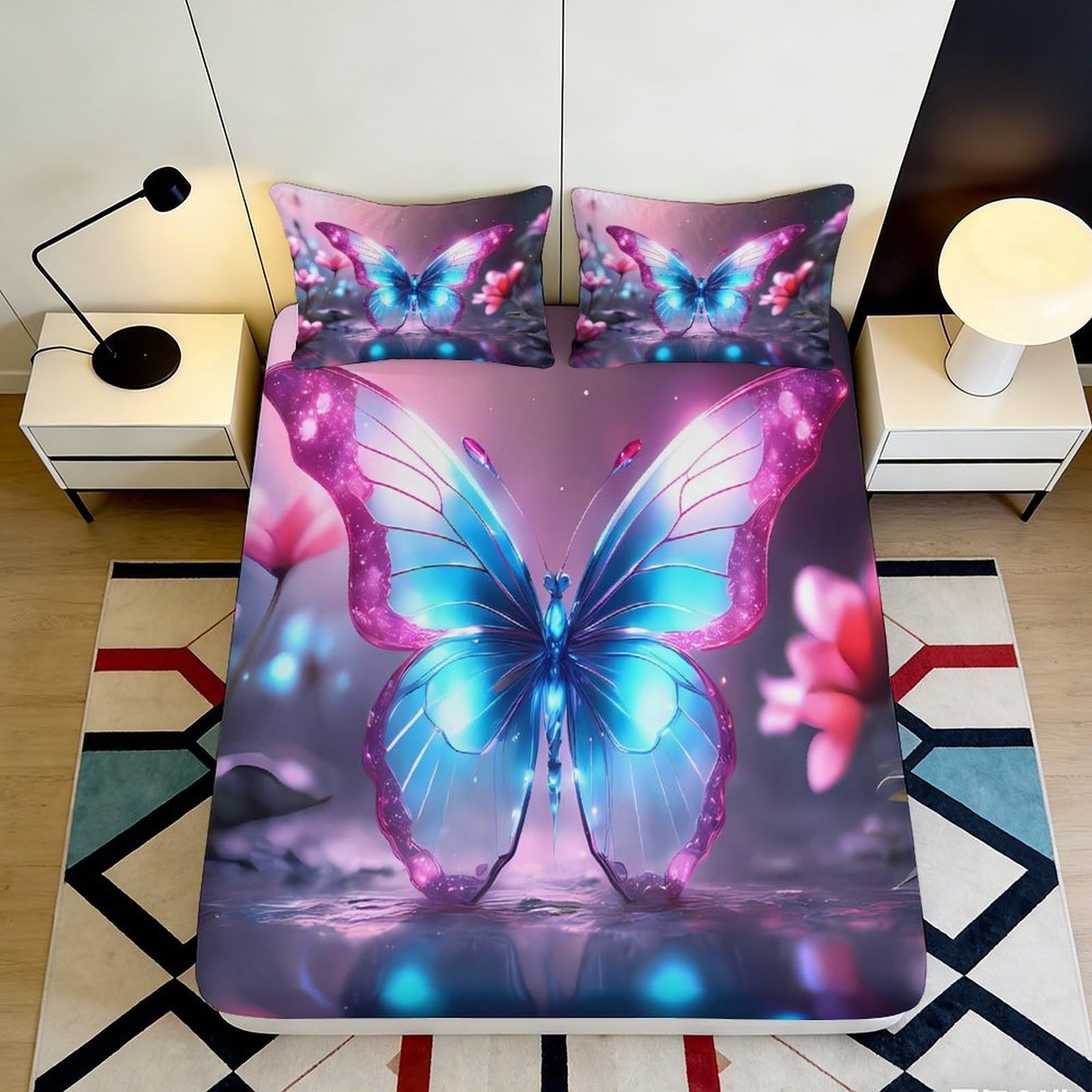 3D Printed Butterfly Fantasy Fitted Sheet Microfiber Soft Bedroom Decor Floral Bed Cover for Home Dorm Mattress Protection 90x200x25cm