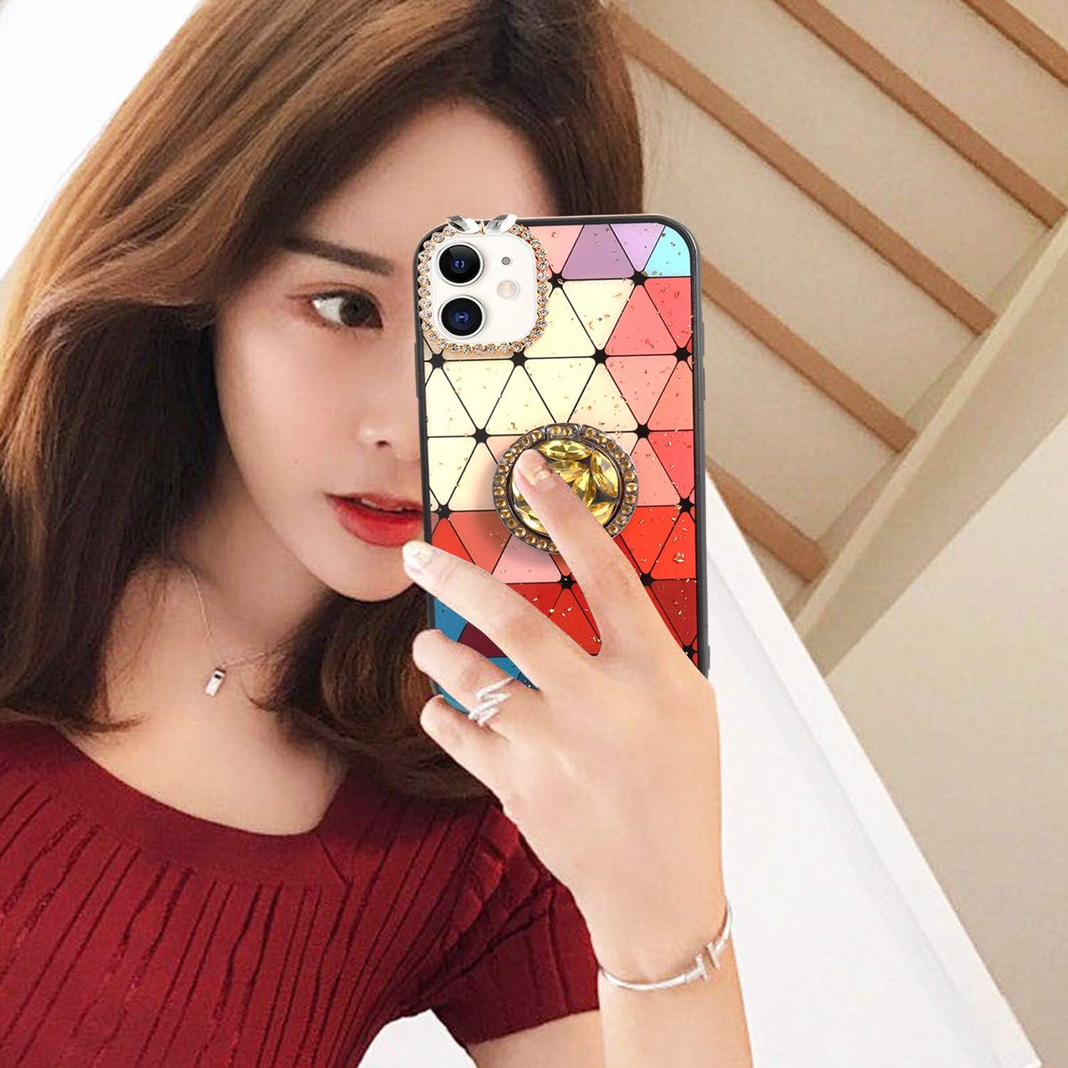 Aulzaju for iPhone 11 Pro Max Case Bling Diamond Rhinestone Bumper Cover with Ring Kickstand Luxury Stylish Cute Grid Marble Design Gold Sparkle Glitter Girly Case for Women 6.5 Inch- Red