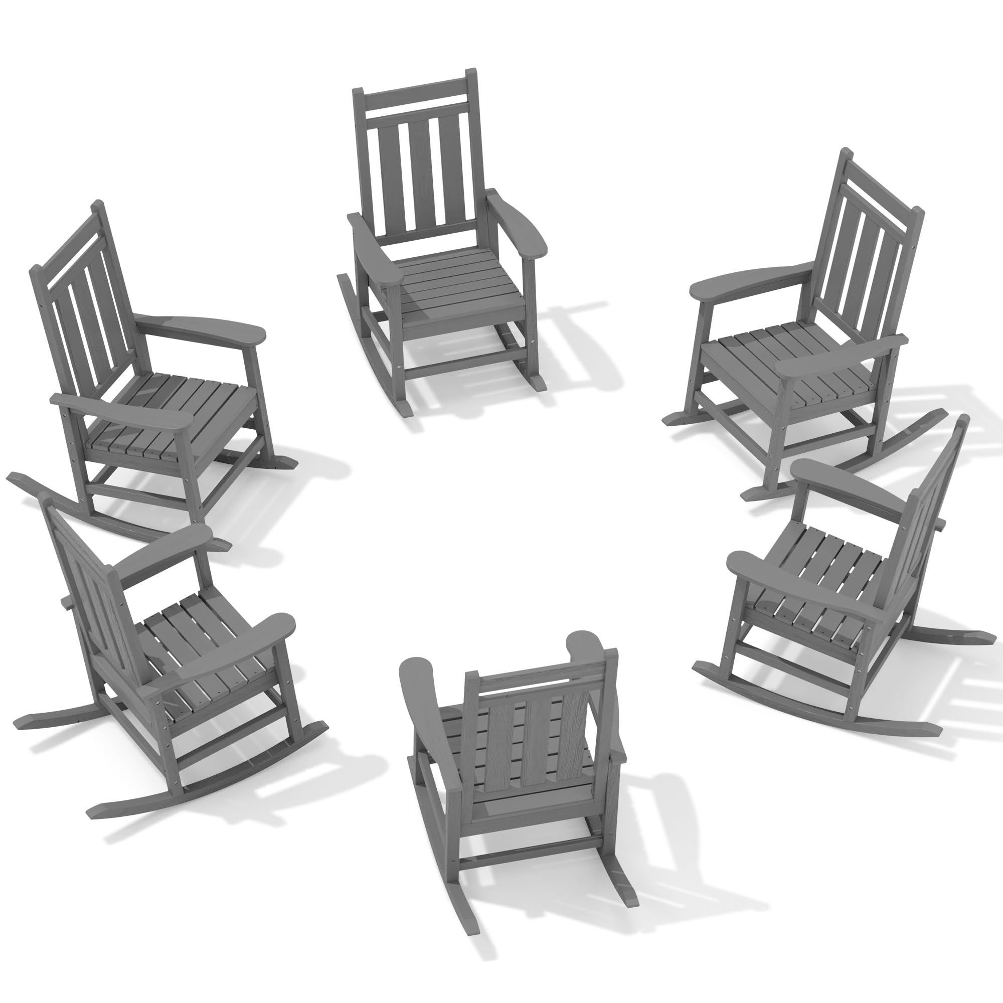 KINGYES Oversized Outdoor Rocking Chair Set of 6, HDPE Patio Rockers, Gray