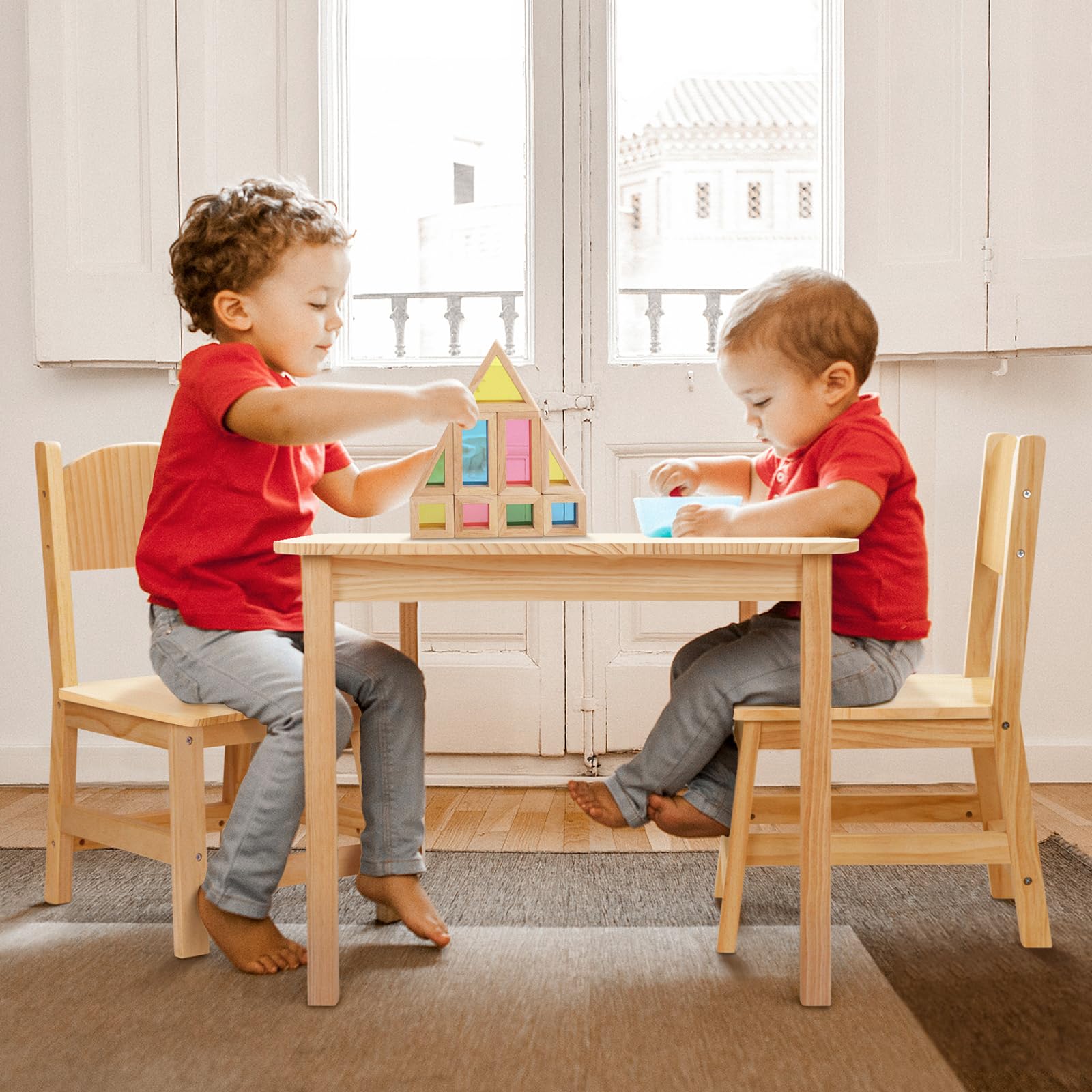 OOOK Table Enfant avec 2 Chaise, Bureau Enfant en Bois, Table et Chaise pour Fille et Garçon à Partir de 3 Ans, Petit Bureau pour Maternelle, Chambre d'enfant