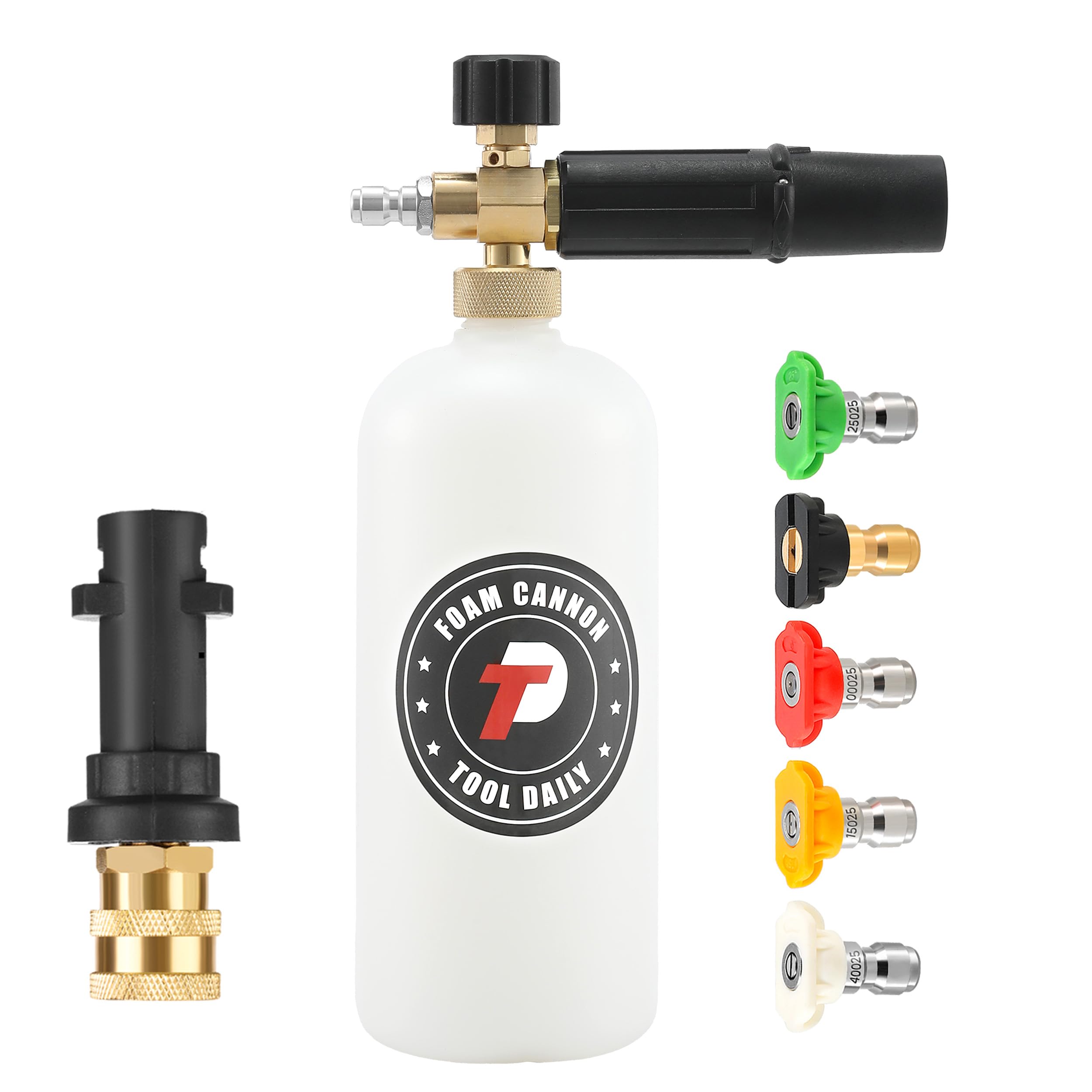 Tool Daily Canon à Mousse avec Adaptateur pour Nettoyeur Haute Pression Karcher K2 à K7, 1 Litre, Lance à Mousse Réglable avec Raccord Rapide 1/4", 5 Embouts de Buse, 210 bar (3000 PSI)