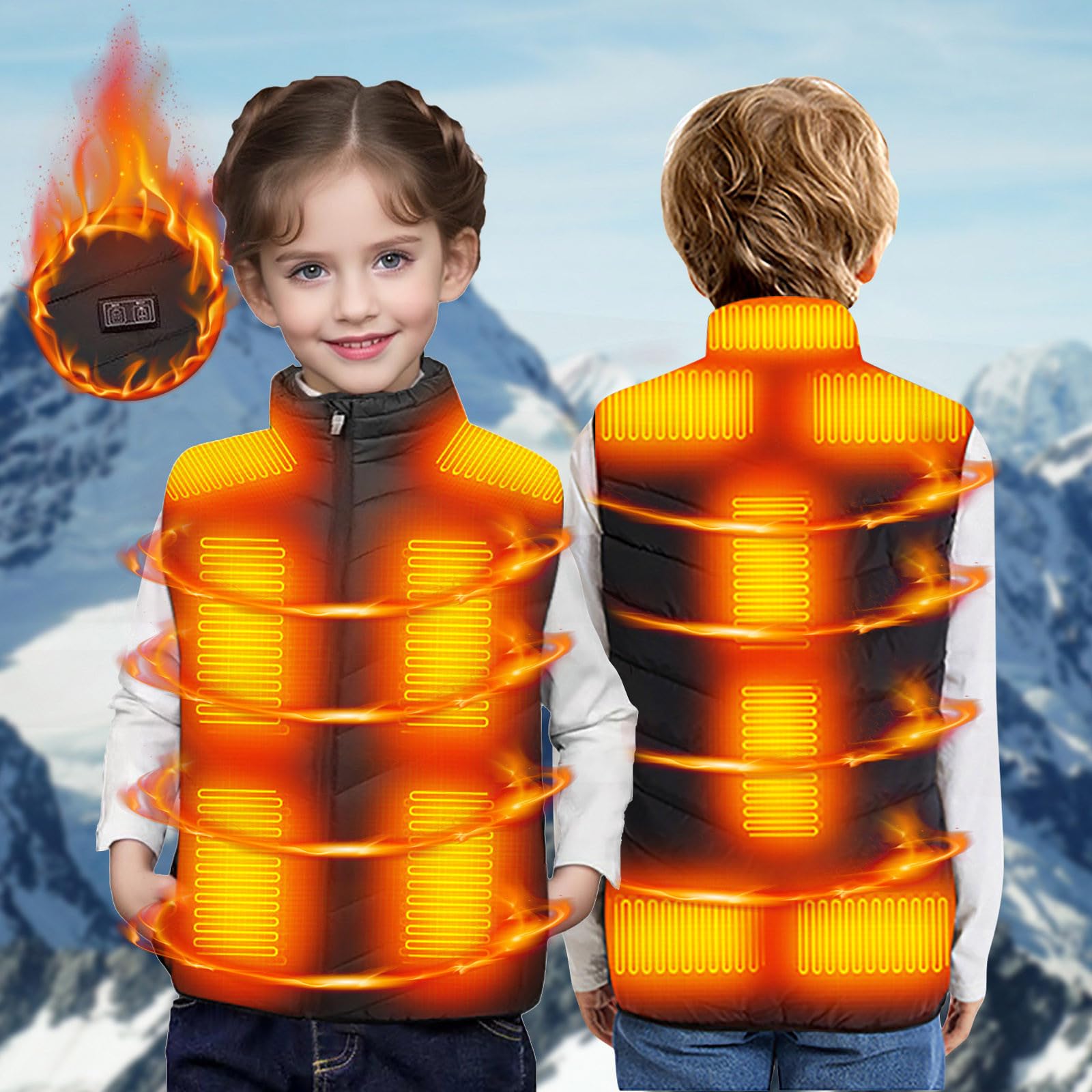 2025 Neu Beheizbare Weste Kinder Sale, Beheizbare Jacke mit 13 Heizzonen für Jungen Mädchen, 3 Einstellbare Temperatur USB Elektrische Heizweste Schnelles Aufheizen Wärmeweste für Outdoor Wandern