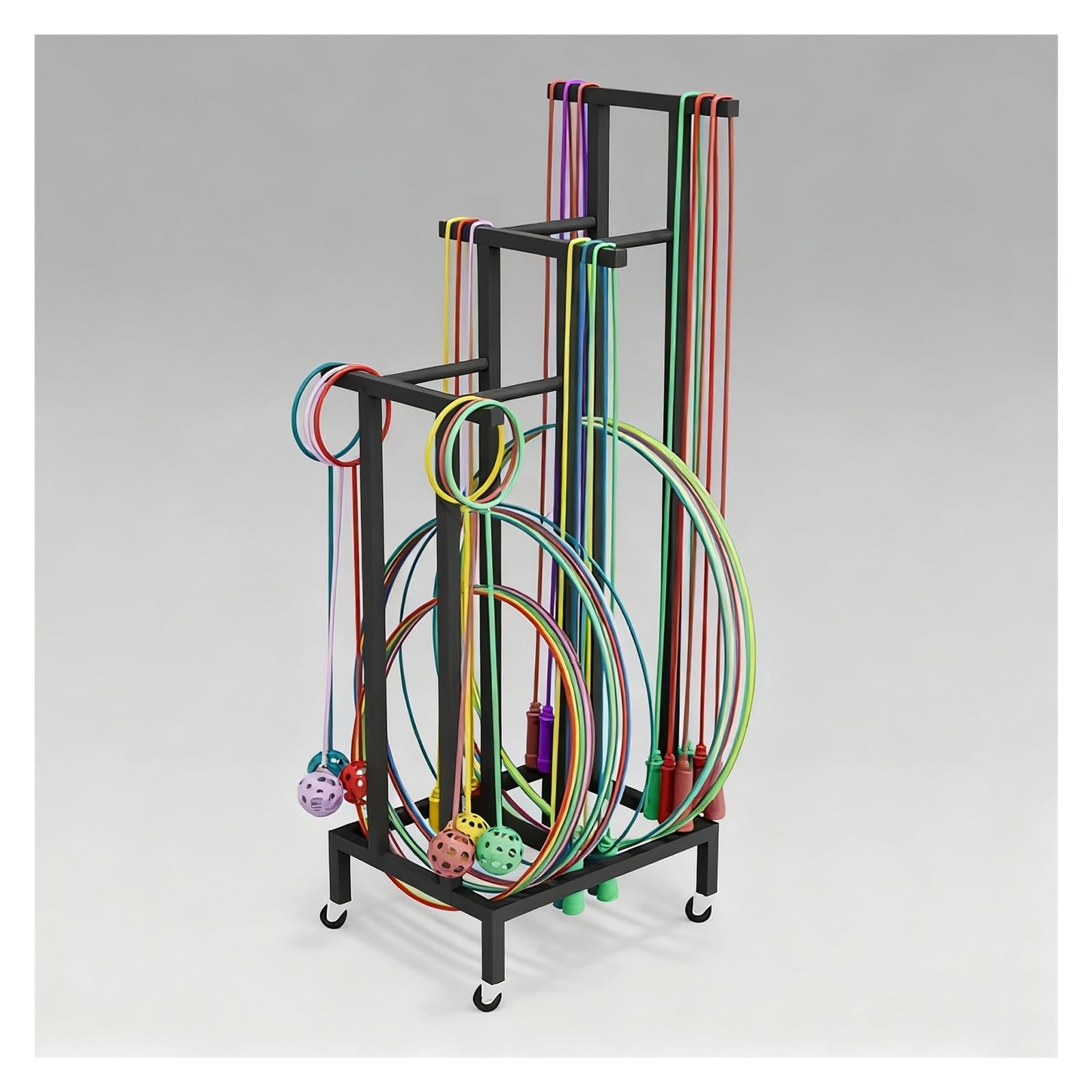 Supporto per Hula Hoop Carrello in metallo per hula hoop, anello da ginnastica e supporto per corda da salto con ruote, espositore per attrezzature sportive per studi yoga
