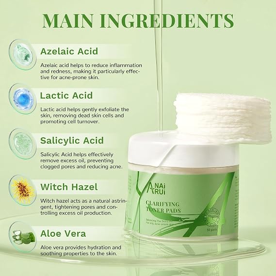 ANAI RUI Clarifying Toner Pads for Face, Face Exfoliating Pad, Balance Skin's PH, Smooths and Refines Skin,with Azelaic Acid &Salicylic Acid 50 Pads