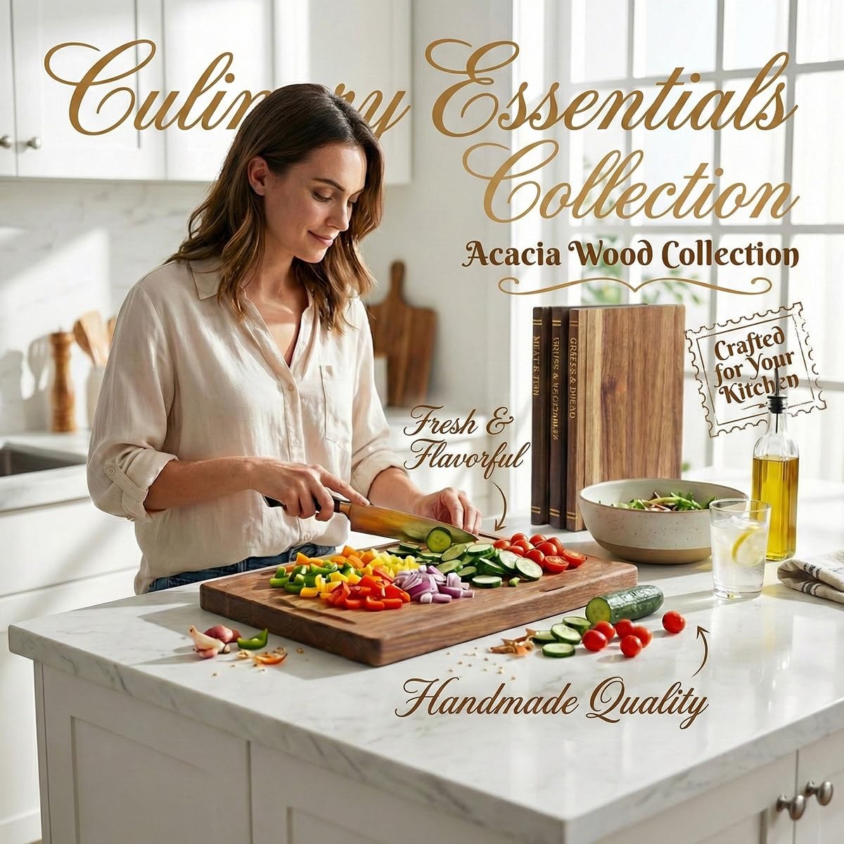 Schneidebrett Holz Set mit Ständer - 3er Holzschneidebrett Set in Buchoptik - Dekoratives Küchenbrett Holz für Brot & Charcuterie - Book Cutting Board Set - Schneidebrett Bücher