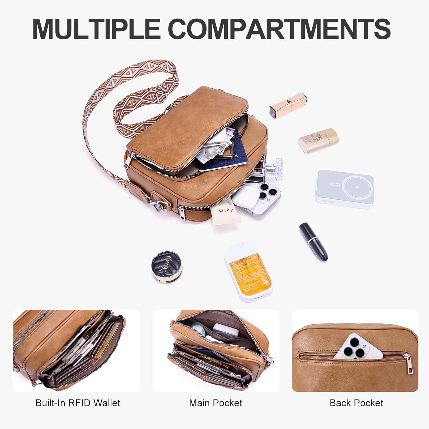 Crossbody Purses for Women Vegan Leather Travel Anti Theft Bags Guitar Strap Shoulder Purse with Built in Wallet - Image 3