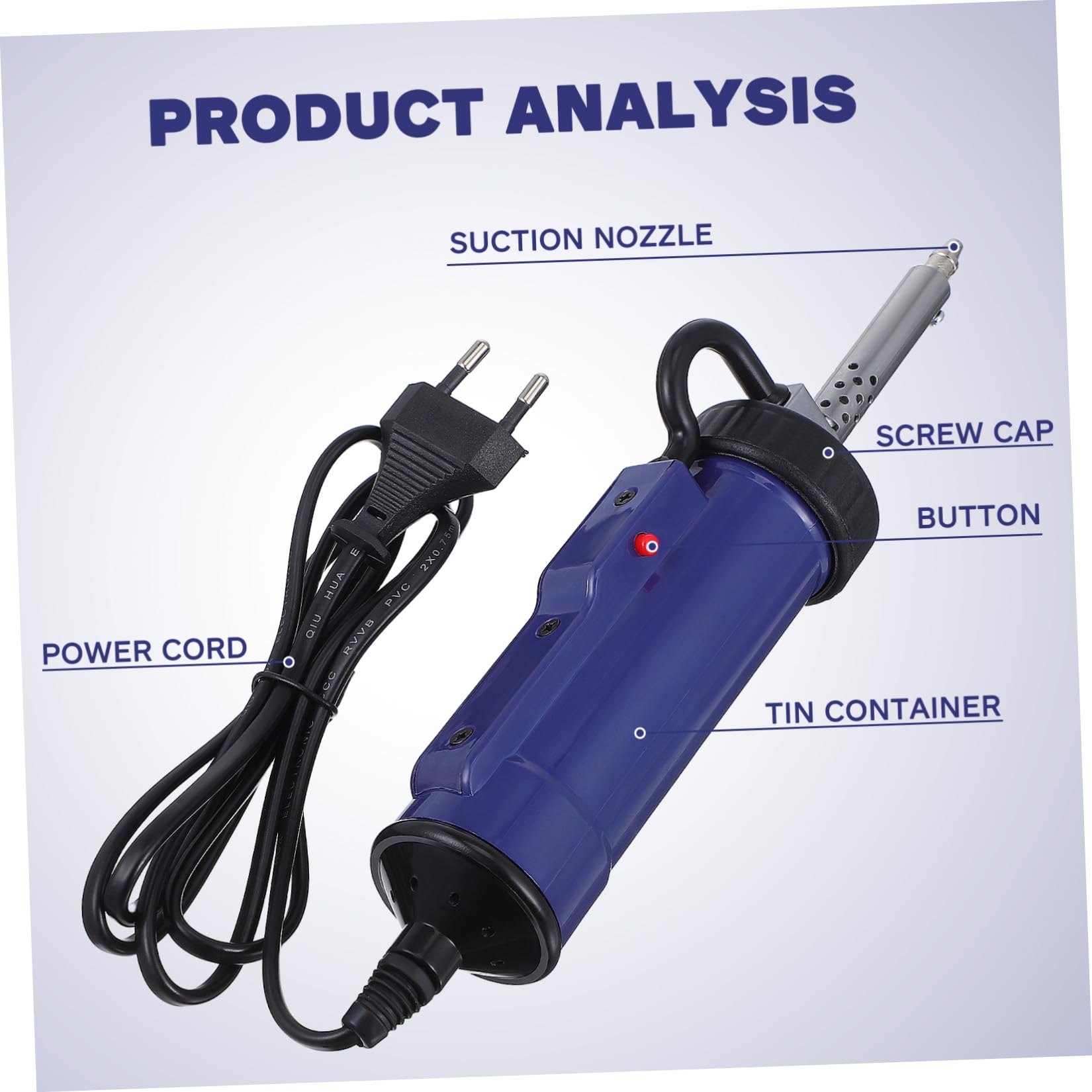 Bomba Desoldadora Eléctrica 350w Ac220 Portátil Azul | Calentamiento Rápido y Absorción de Estaño, Boquilla de Succión y Puntas Reemplazables, Acero Inoxidable Cobre Eva