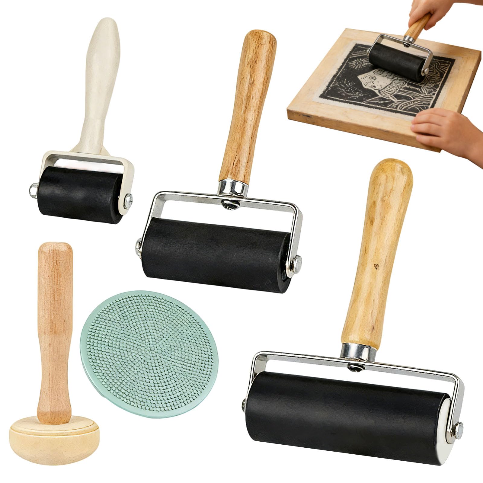 3 Pcs Brayer Roller for Crafts, 3 Sizes of Rubber Roller, with Mushroom Roller and Plastic Stamp Making Pressure Plate for Printmaking, DIY Art Craft (3.5CM/6CM/10CM)