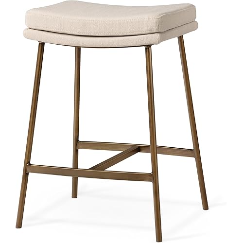 Maven Lane Berkley Backless Counter Stool 26 Inch – Saddle Stool with Footrest – Aged Gold Metal Frame & Beige Fabric Upholstery – Perfect for Kitchen Island & Counters