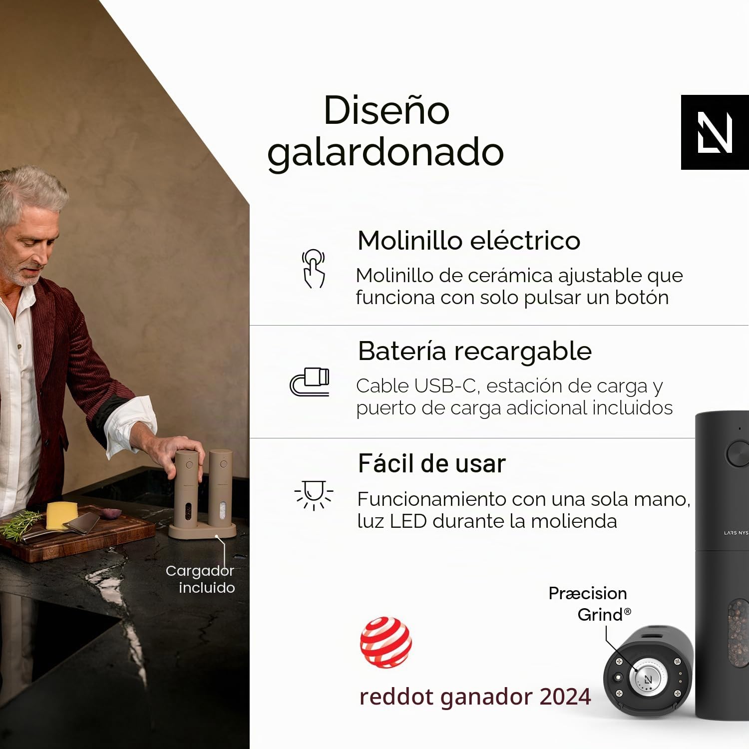 LARS NYSØM Juego de Molinillos Eléctricos de Sal y Pimienta | Molinillos Automáticos con Molino de Cerámica Ajustable | Recargables por USB (Carbon Black)