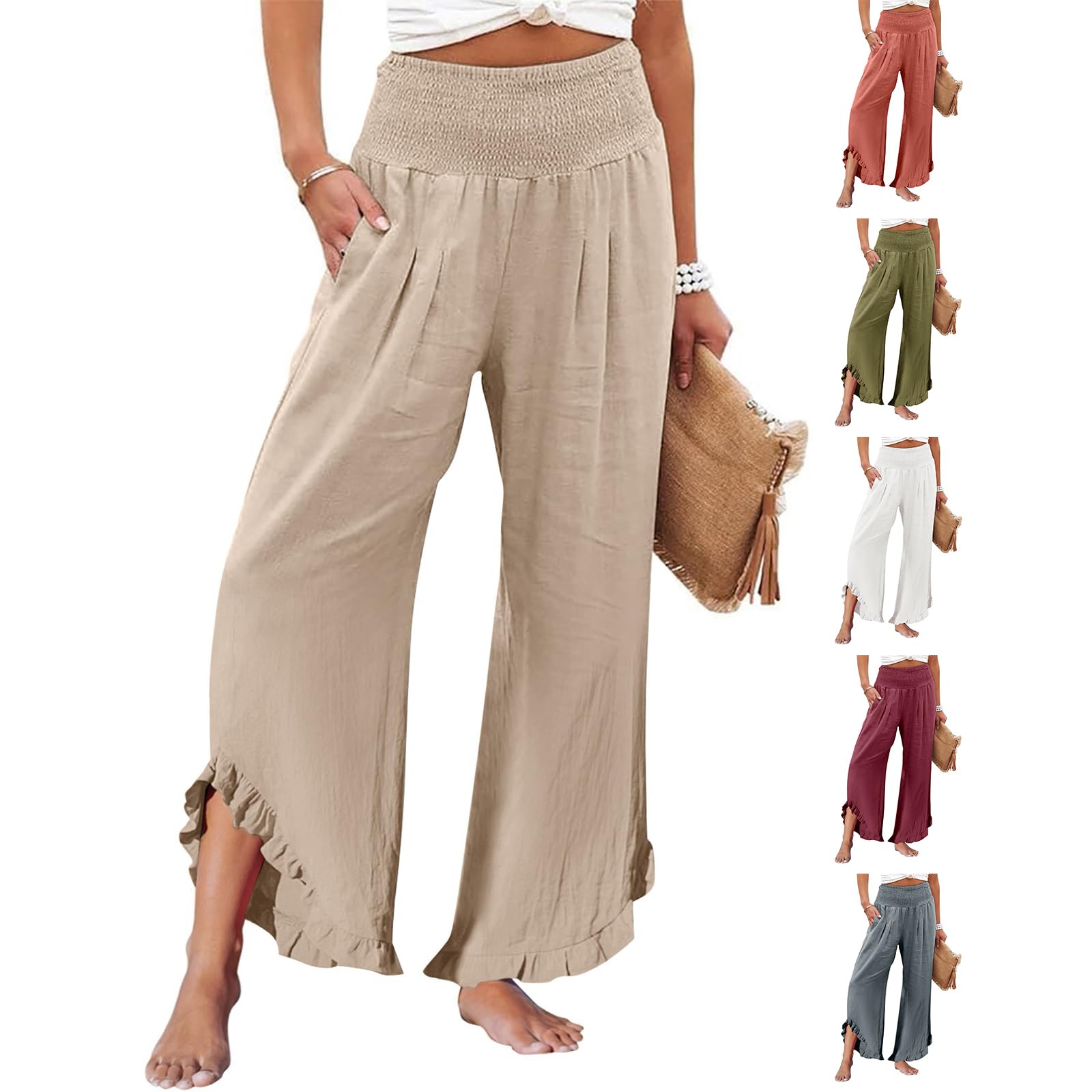 Linen Wide Leg Pants Woman Flowy High Waisted Palazzo Pants Trousers Casual Summer Beach Pants with Pockets Palazzo Pants for Women Plus Size Loose Pants for Women Summer Pants for Women Dressy Casual