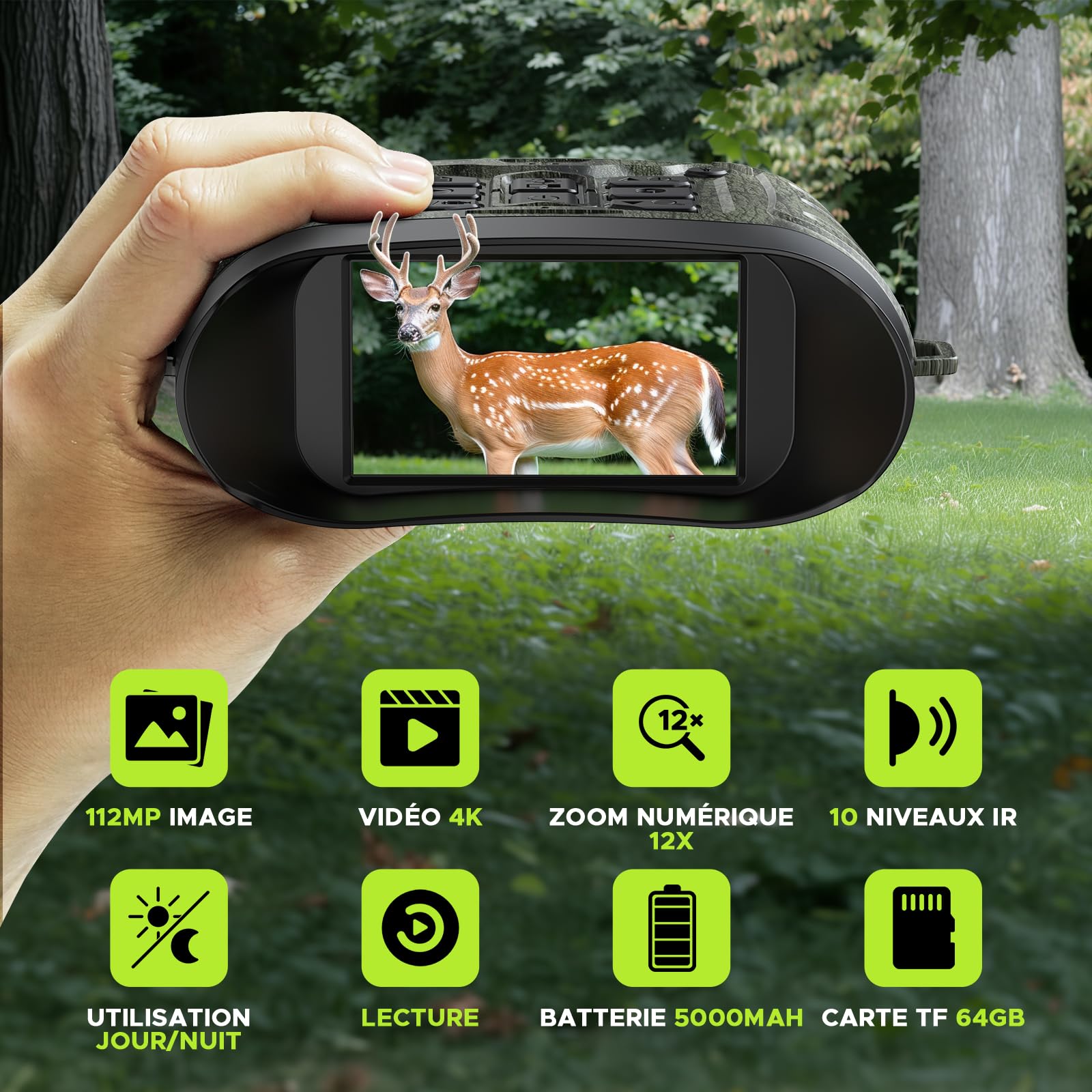 Jumelles Vision Nocturne, 112MP 4K Jumelles Nocturnes avec Zoom 12X & Portée 400m, Batterie 5000mAh Rechargeable, Carte 64GB Incluse, Vision Infrarouge, Idéal pour Chasse, Camping & Sécurité