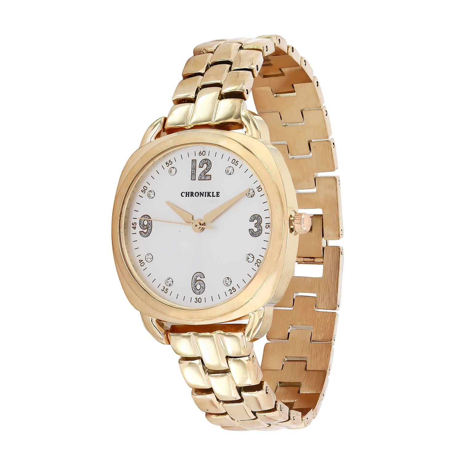 CHRONIKLE Unique Womens Metal Chain Wrist Watch with Diamond Studded Stones On Dial (Dial Color: White | Band Color: Golden) (B07MG85D45) Amazon Price History, Amazon Price Tracker