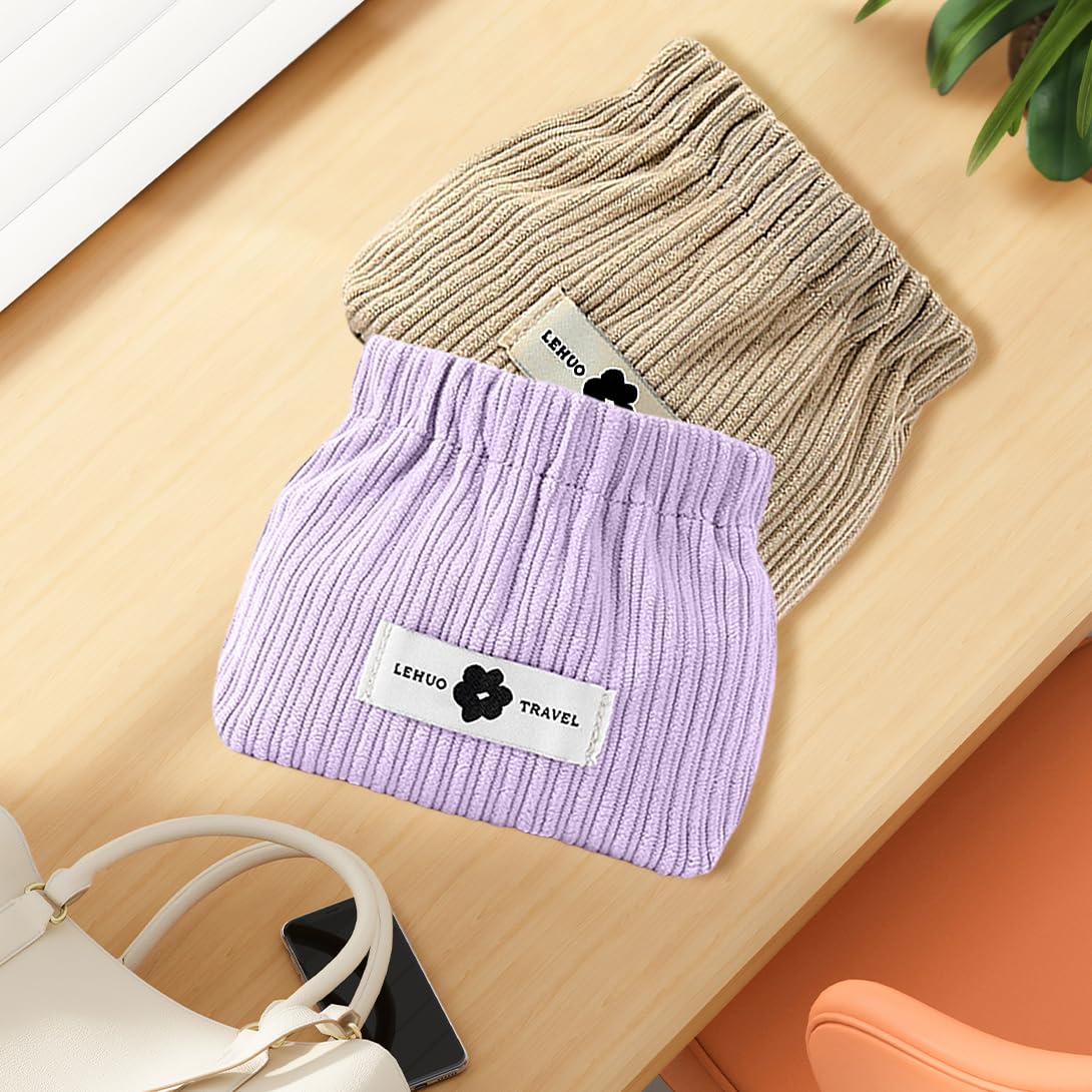 Koonafy 2pcs Corduroy Elastic Hair Tie Organizer Portable Travel Small Makeup Pouch Corduroy Lipstick Storage Bag for Hair Jewelry Lipstick Coin Purse for Women (Apricot+Purple) - Image 4