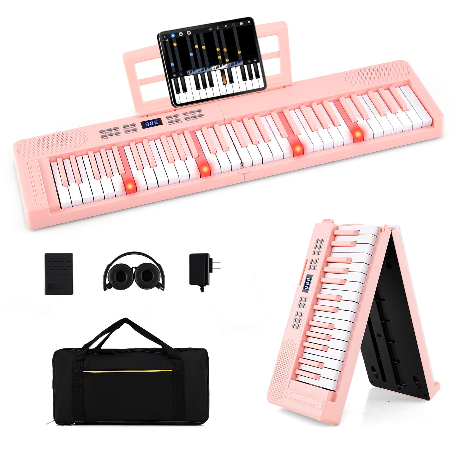 DREAMADE Piano 61 Touches Pliable, Clavier Électronique avec Fonction MIDI, Casque&Pédale de Sustain, Piano Numérique Portable avec Sac de Transport pour Débutants (Rose)