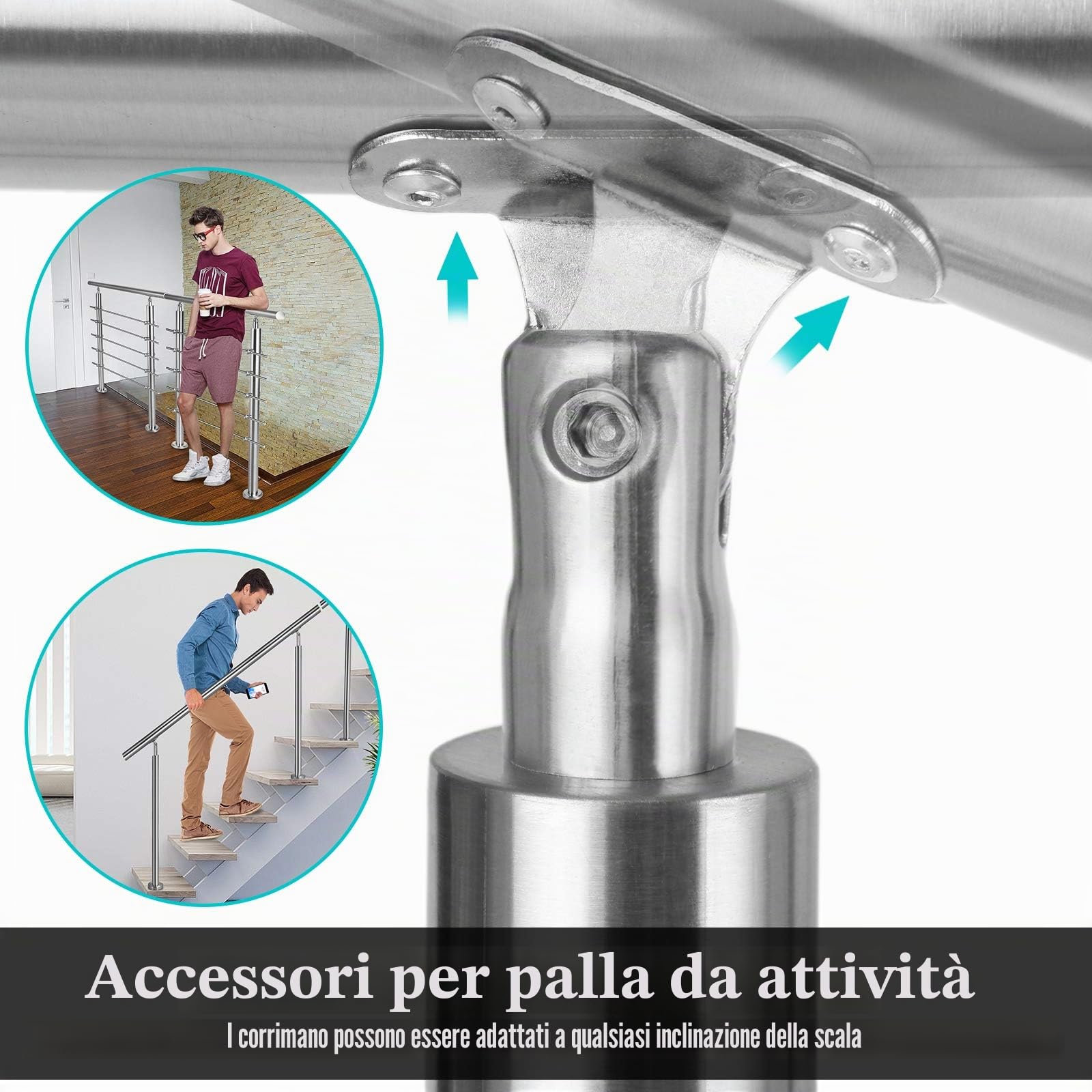 FIVMEN - Ringhiera in acciaio inox per scale esterne, 160 cm, corrimano con 2 pali, kit di costruzione per scale per interni ed esterni, senza barre trasversali