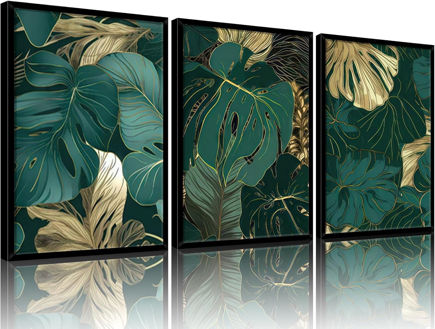 Framed Gold Green Wall Art Set of 3 Tropical Botanical Picture Emerald green Leaf Painting Prints Wall Decor with Black Frame Modern Plant Poster for Living Room Bedroom Bathroom Office 12x16Inch
