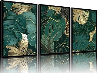 Framed Gold Green Wall Art Set of 3 Tropical Botanical Picture Emerald g...